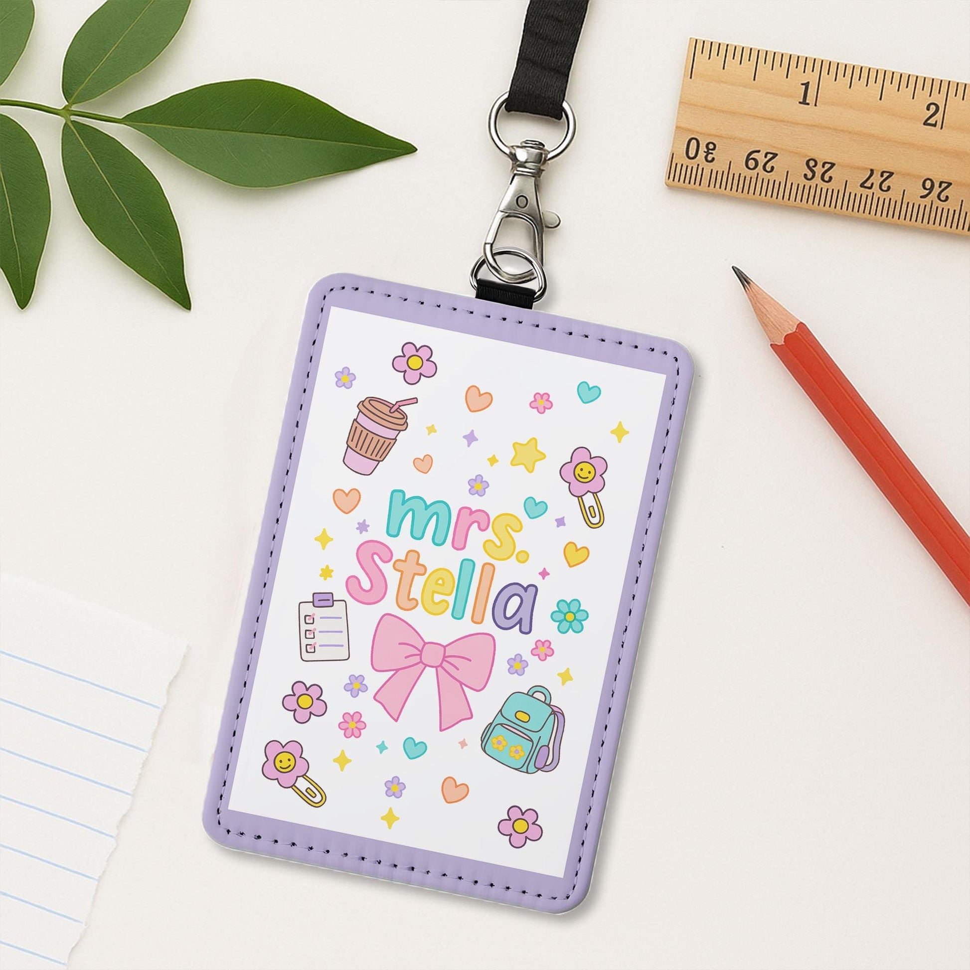 Cute Teacher Badge Reel ID Holder with Name, Pastel Doodle Style, Personalized Lanyard Tag for Classroom or School Staff Gift, Teachers