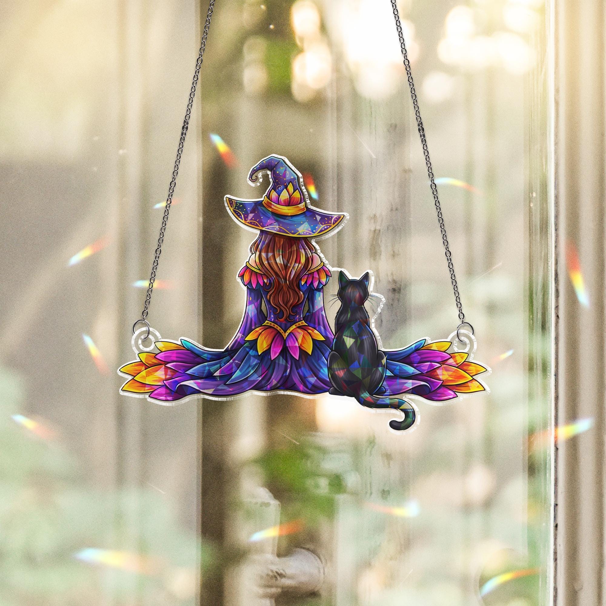 Colorful Witch and Black Cat Suncatcher, Stained Glass Window Hanging, Fall Halloween Witchy Decor, Cozy Cottagecore Gift Idea