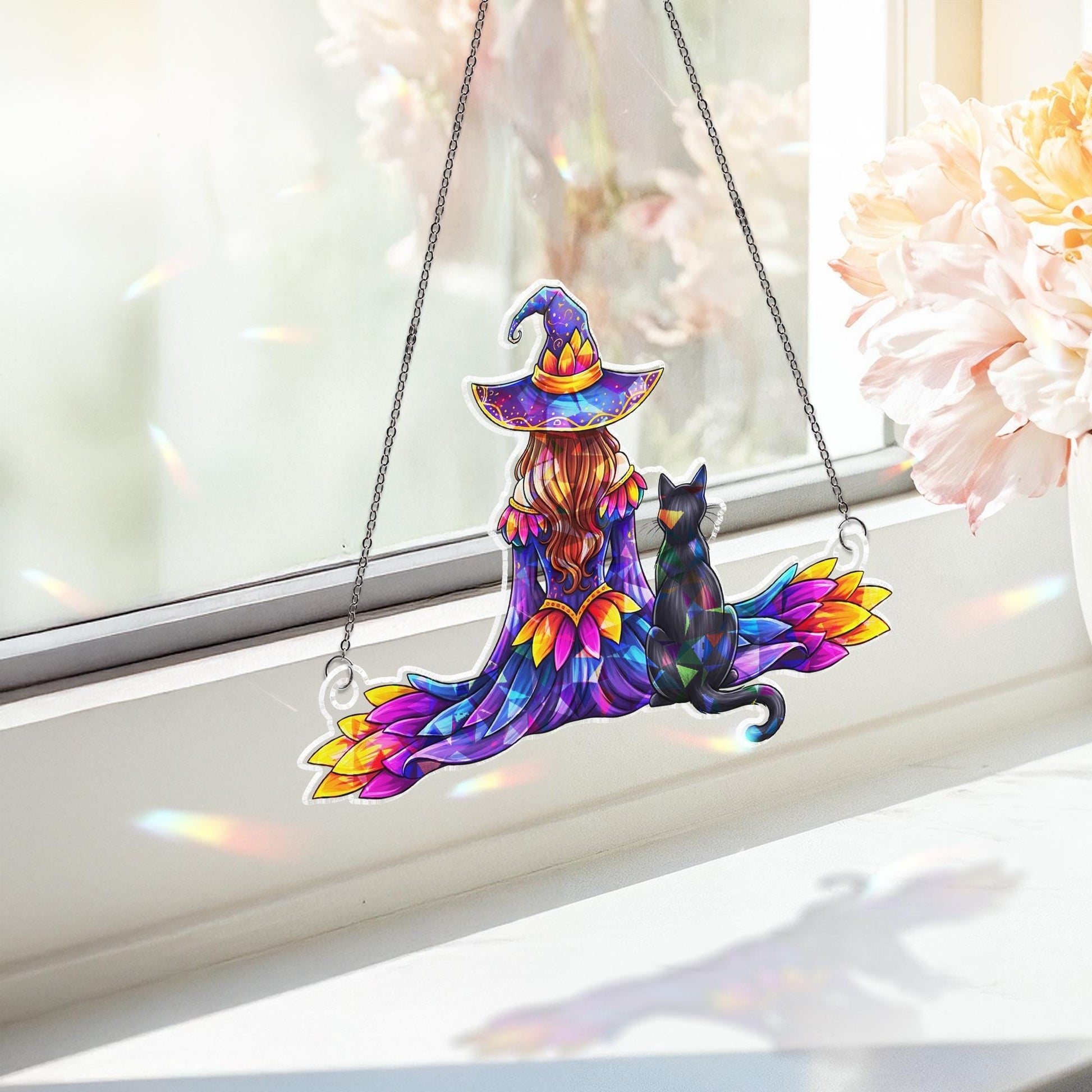 Colorful Witch and Black Cat Suncatcher, Stained Glass Window Hanging, Fall Halloween Witchy Decor, Cozy Cottagecore Gift Idea