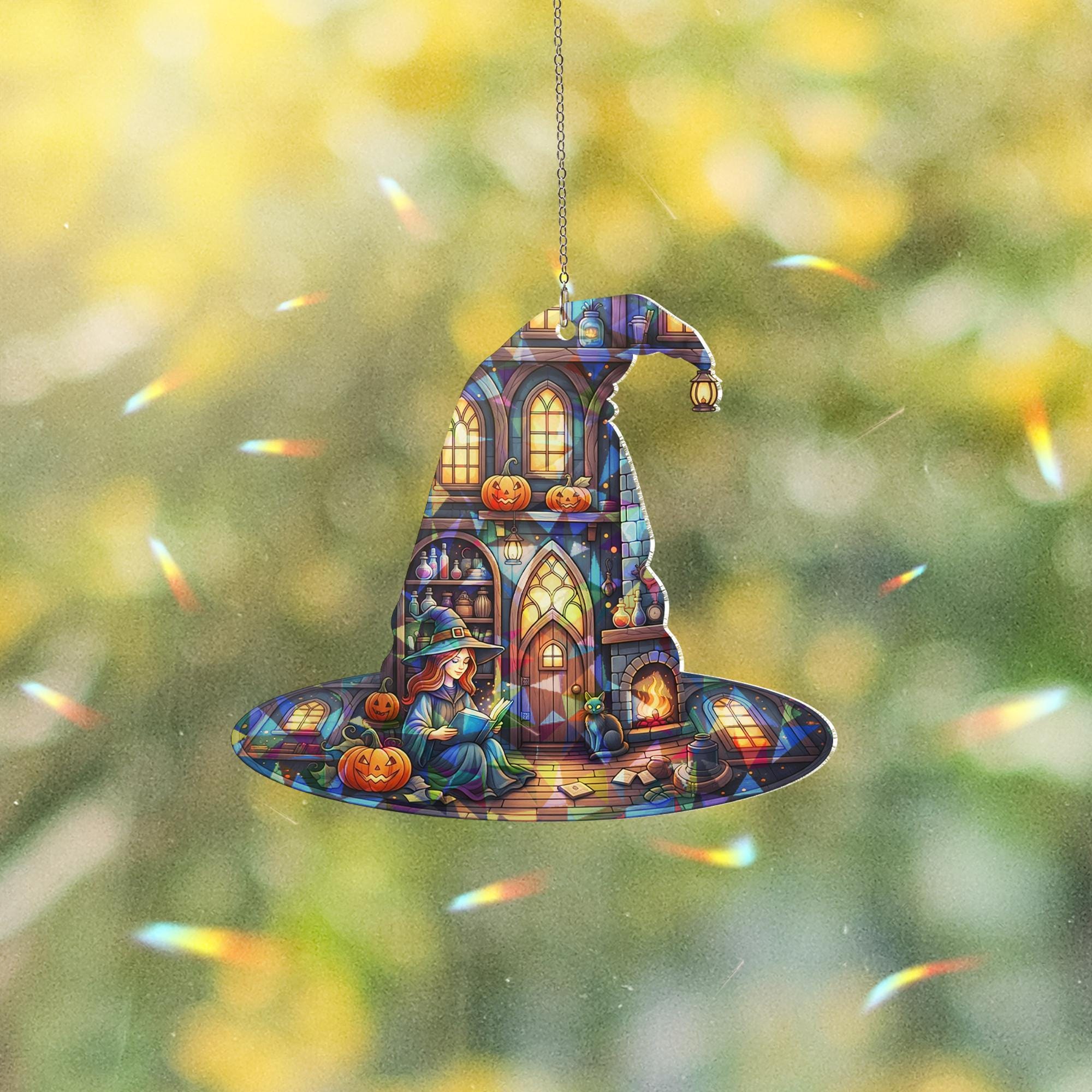 Witch Hat Cottage Suncatcher, Halloween Stained Glass Window Decor, Cozy Witch Home Art, Gothic Pumpkin Fireplace Hanging Gift