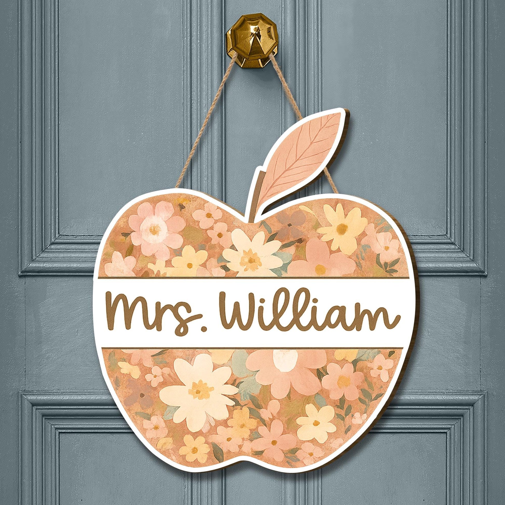 Personalized Teacher Door Hanger, Floral Apple Welcome Sign, Custom Classroom Decor, Back to School Gift, Teacher Name Sign