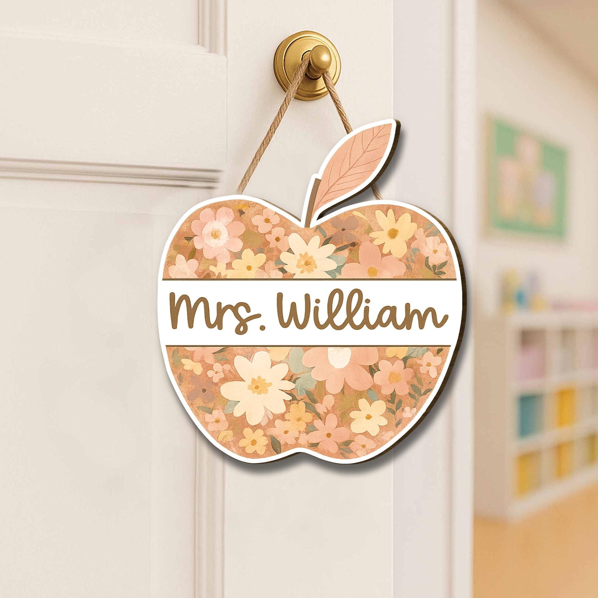 Personalized Teacher Door Hanger, Floral Apple Welcome Sign, Custom Classroom Decor, Back to School Gift, Teacher Name Sign