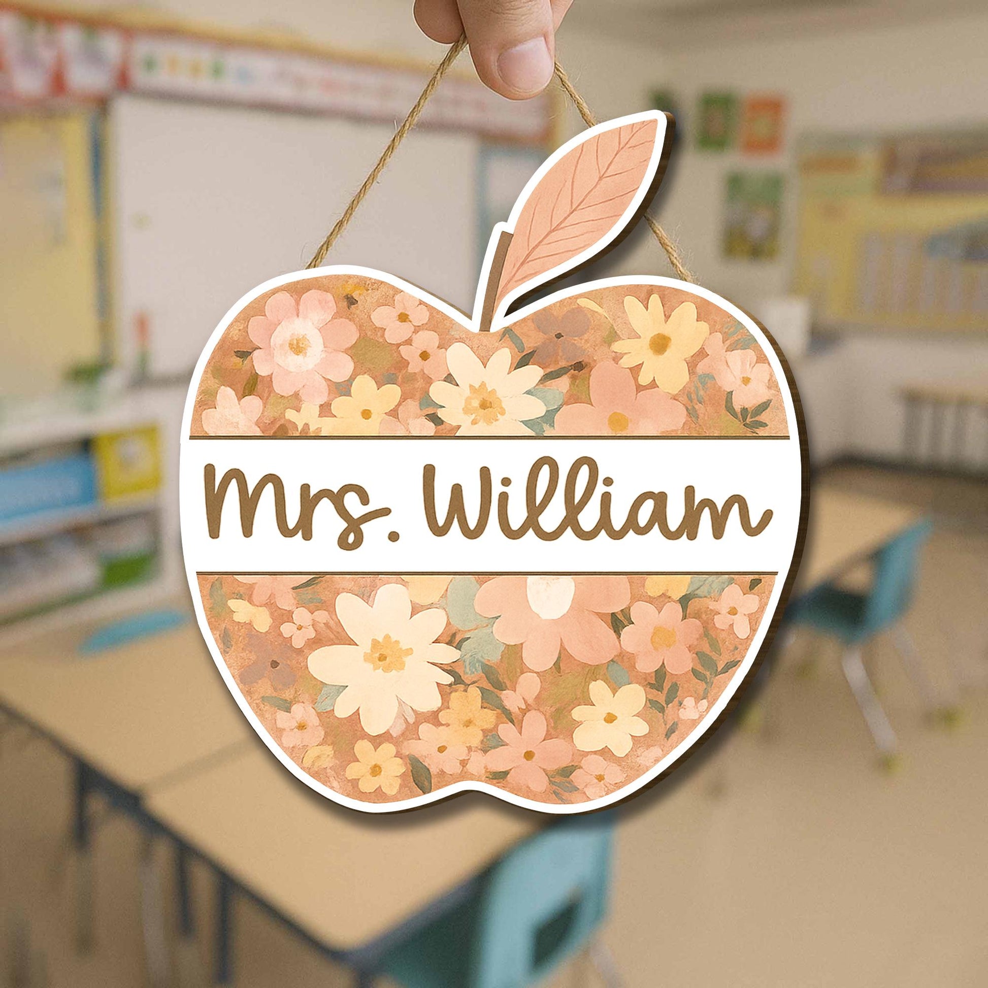 Personalized Teacher Door Hanger, Floral Apple Welcome Sign, Custom Classroom Decor, Back to School Gift, Teacher Name Sign