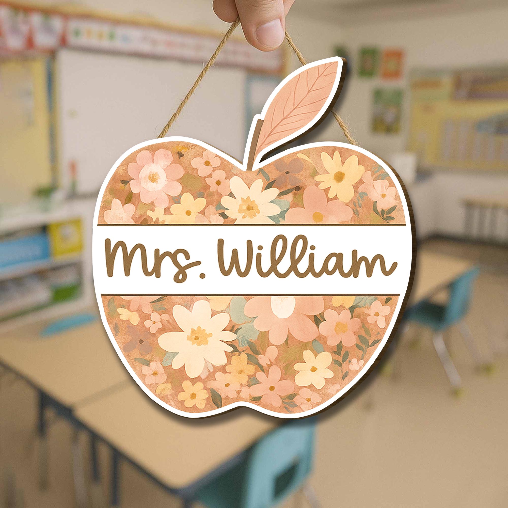 Personalized Teacher Door Hanger, Floral Apple Welcome Sign, Custom Classroom Decor, Back to School Gift, Teacher Name Sign