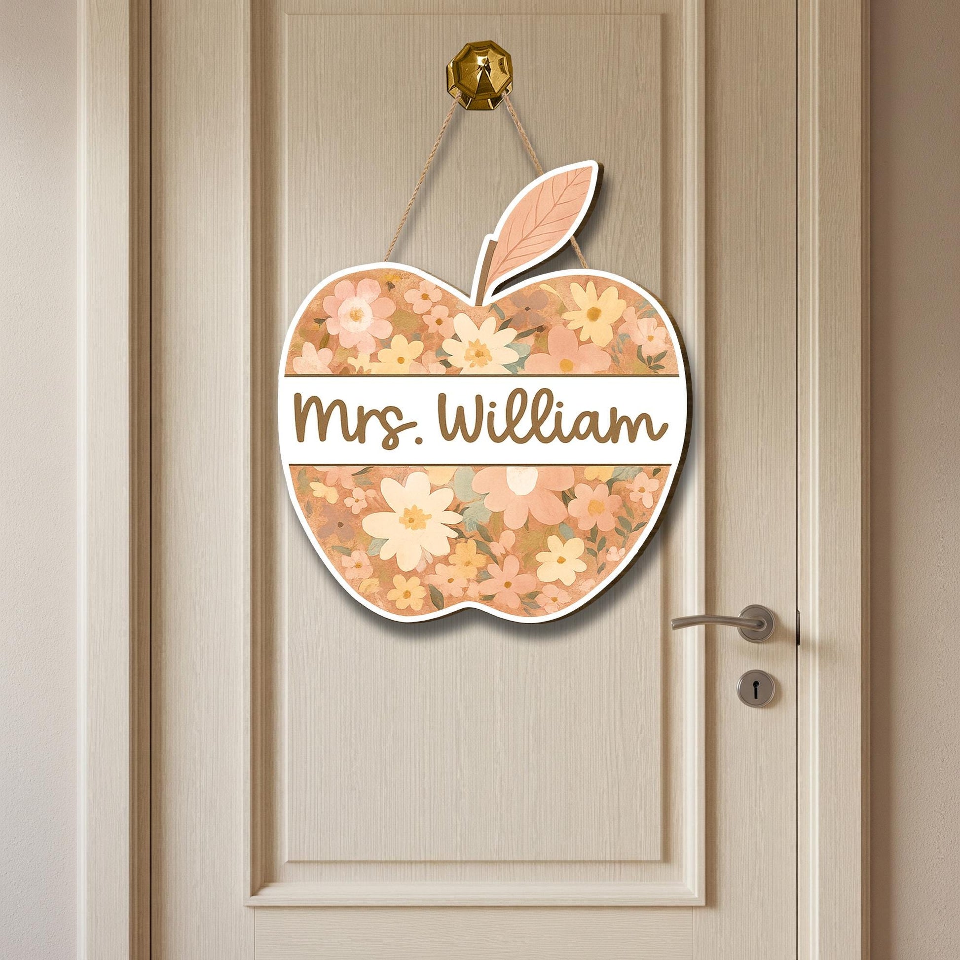Personalized Teacher Door Hanger, Floral Apple Welcome Sign, Custom Classroom Decor, Back to School Gift, Teacher Name Sign