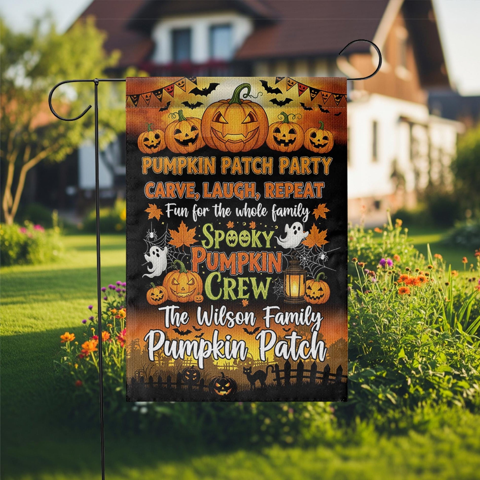 Personalized Pumpkin Patch Garden Flag, Fall Halloween Outdoor Banner, Spooky Pumpkin Family Yard Sign, Custom Autumn Decor Gift