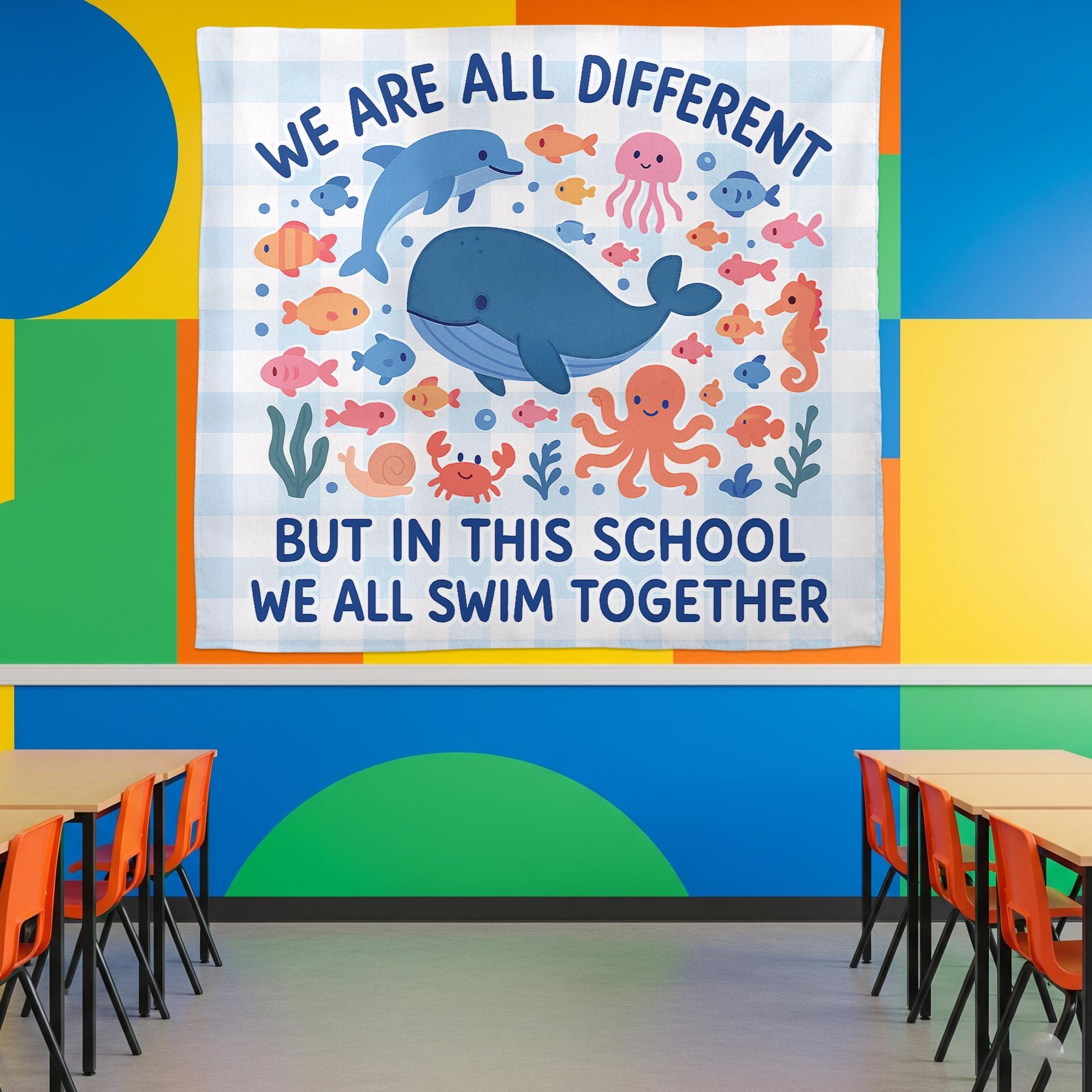 We All Swim Together Classroom Banner, Ocean Theme School Tapestry, Diversity Poster, Teacher Wall Decor, Back to School Sign