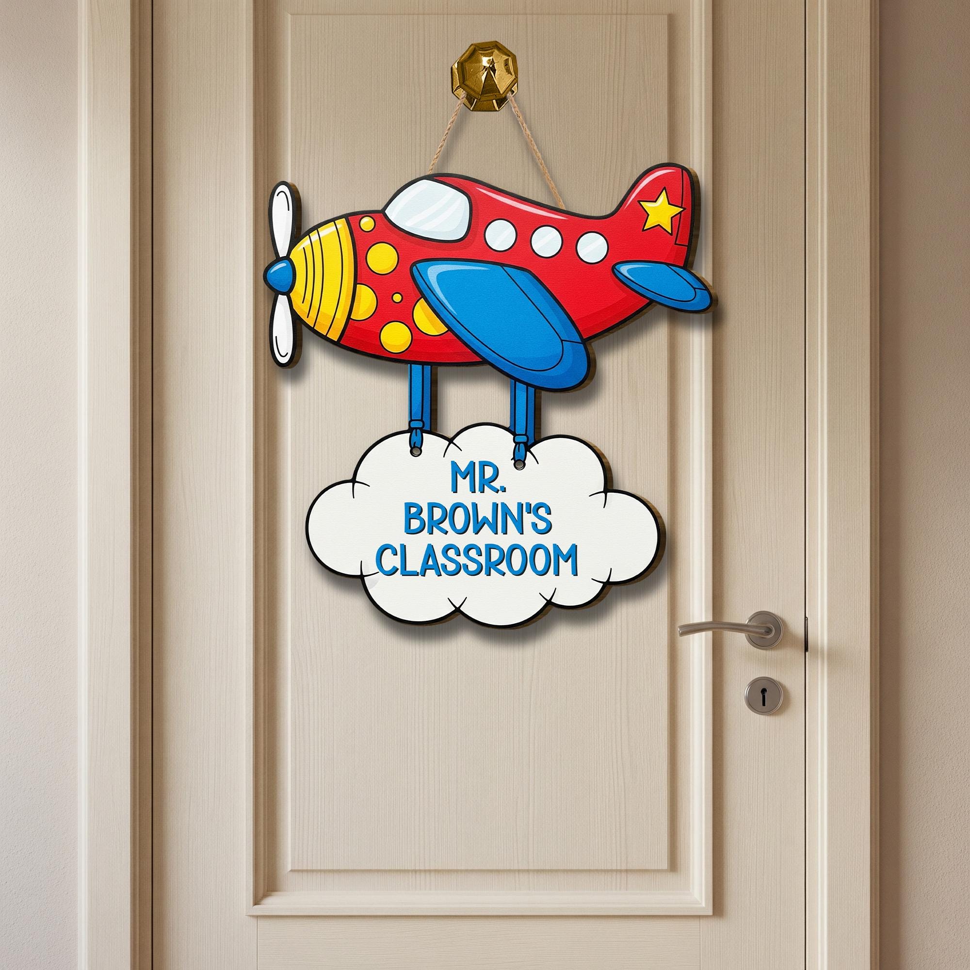 Personalized Airplane Classroom Door Sign for Teachers, Custom Name Teacher Sign, Cute Plane Back to School Classroom Decor, Cloud Door Sign