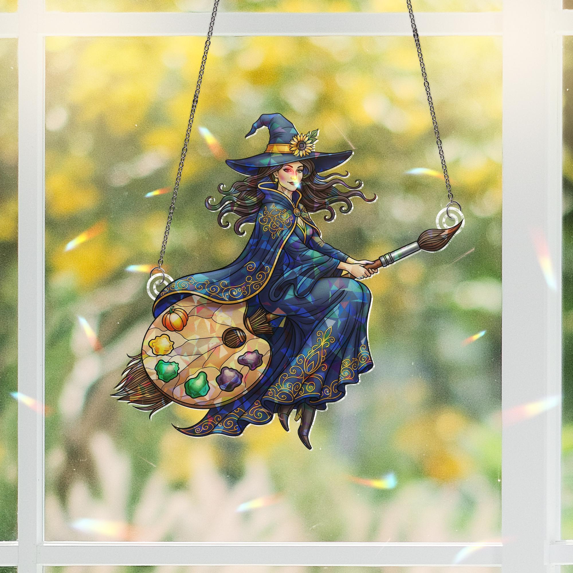 Artist Witch Suncatcher, Stained Glass Window Hanging, Halloween Painter Decor, Color Palette Broom Art, Creative Witch Gift