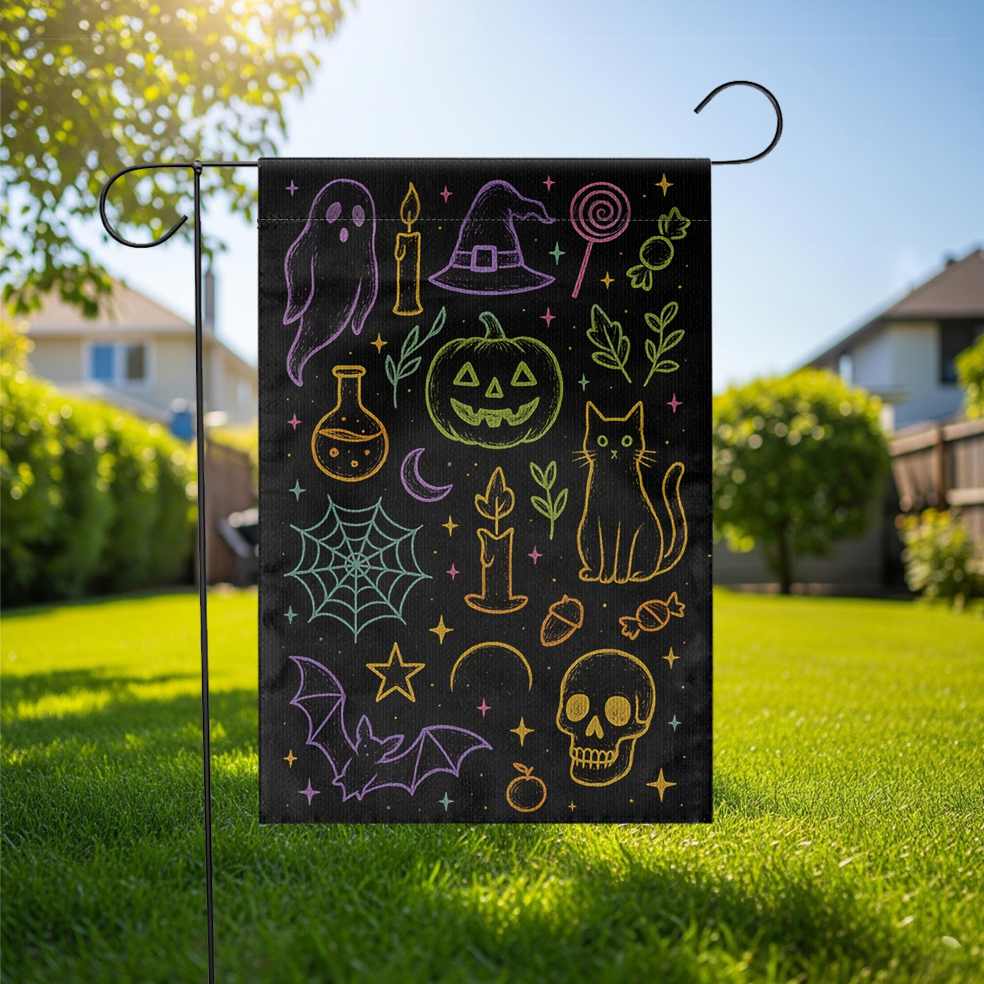 Colorful Halloween Garden Flag – Spooky Cute Outdoor Yard Decor – Witchy Ghost Cat Pumpkin Flag – Trick or Treat Lawn Decoration