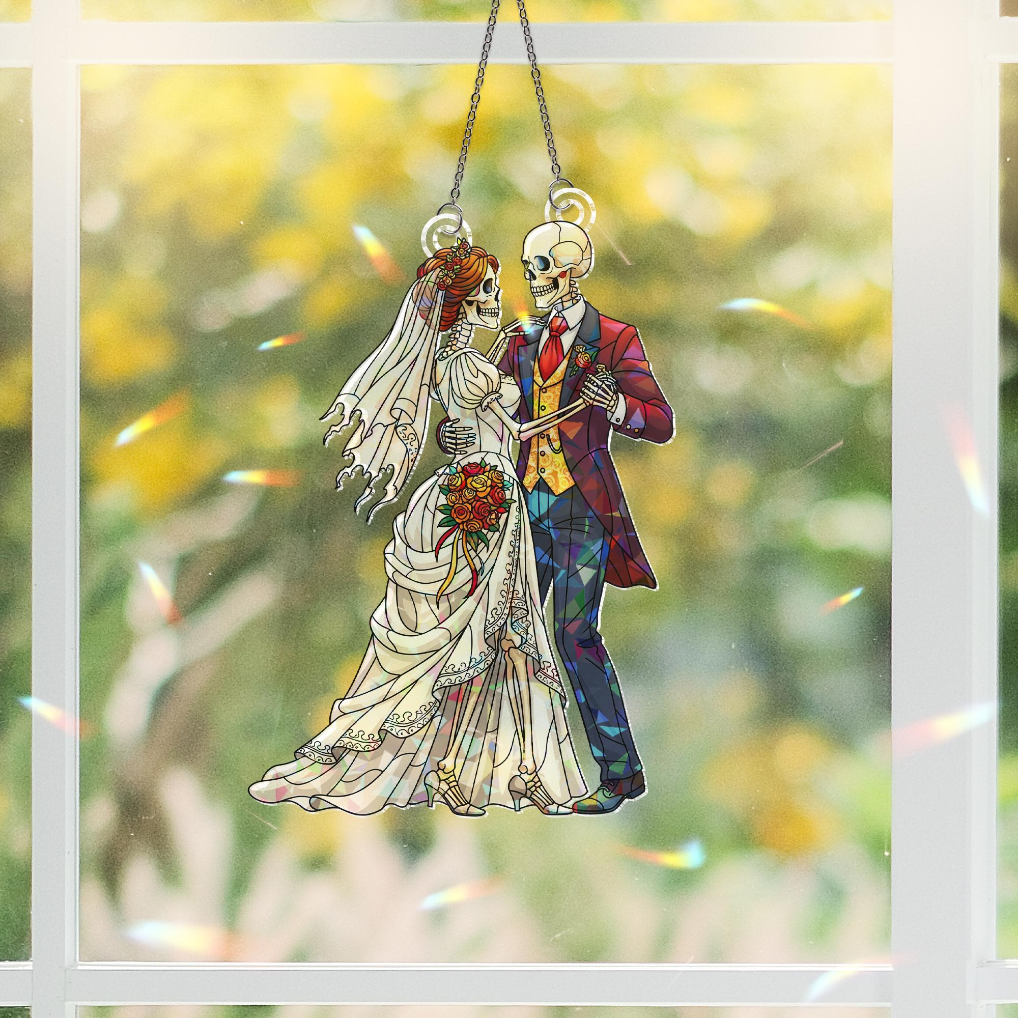 Skeleton Wedding Couple Suncatcher, Gothic Bride and Groom Stained Glass Window Hanging, Halloween Wedding Decor, Spooky Love Gift