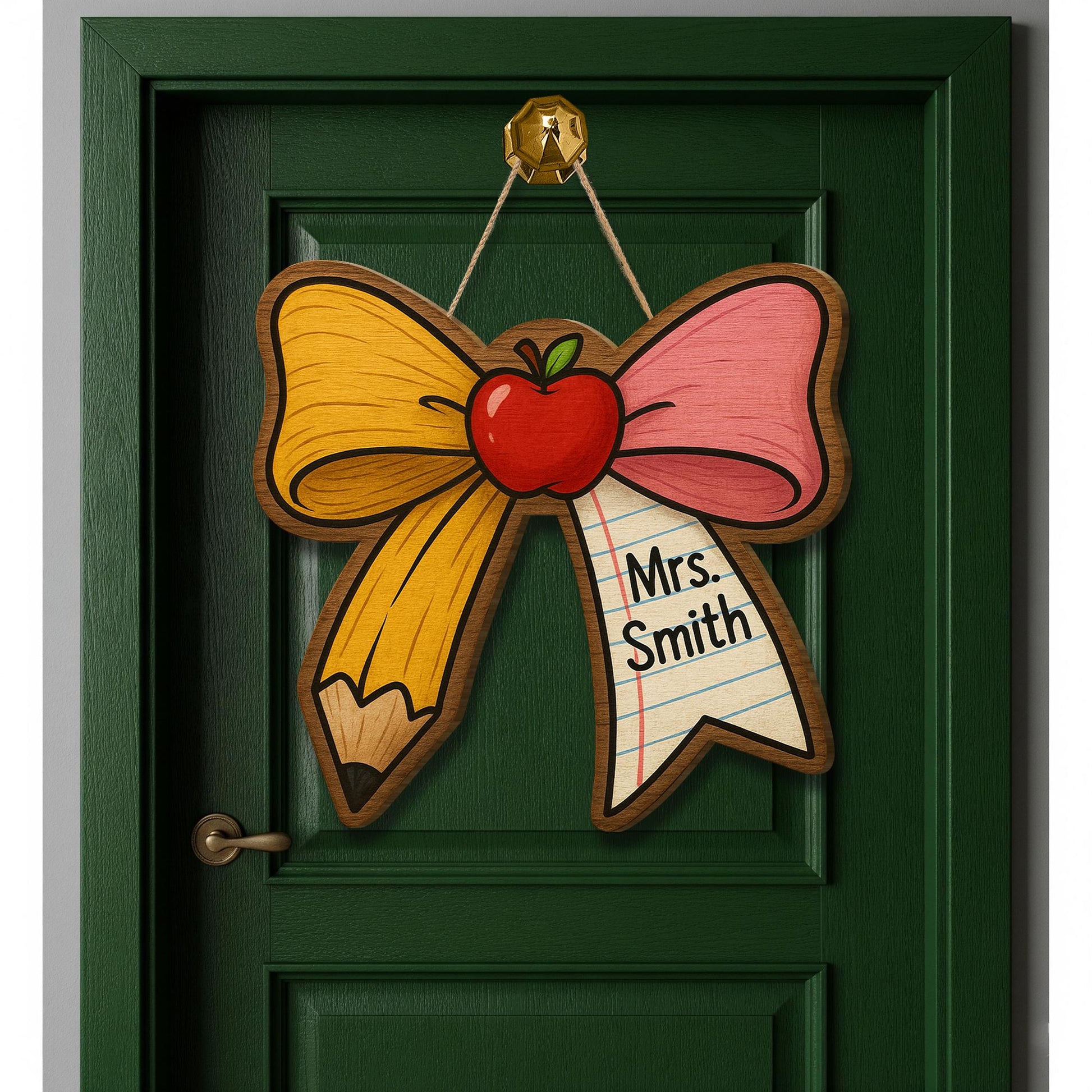 Personalized Teacher Door Sign, Pencil Bow Classroom Decor, Custom Name Apple Plaque, Back to School Gift, Wooden Teacher Sign