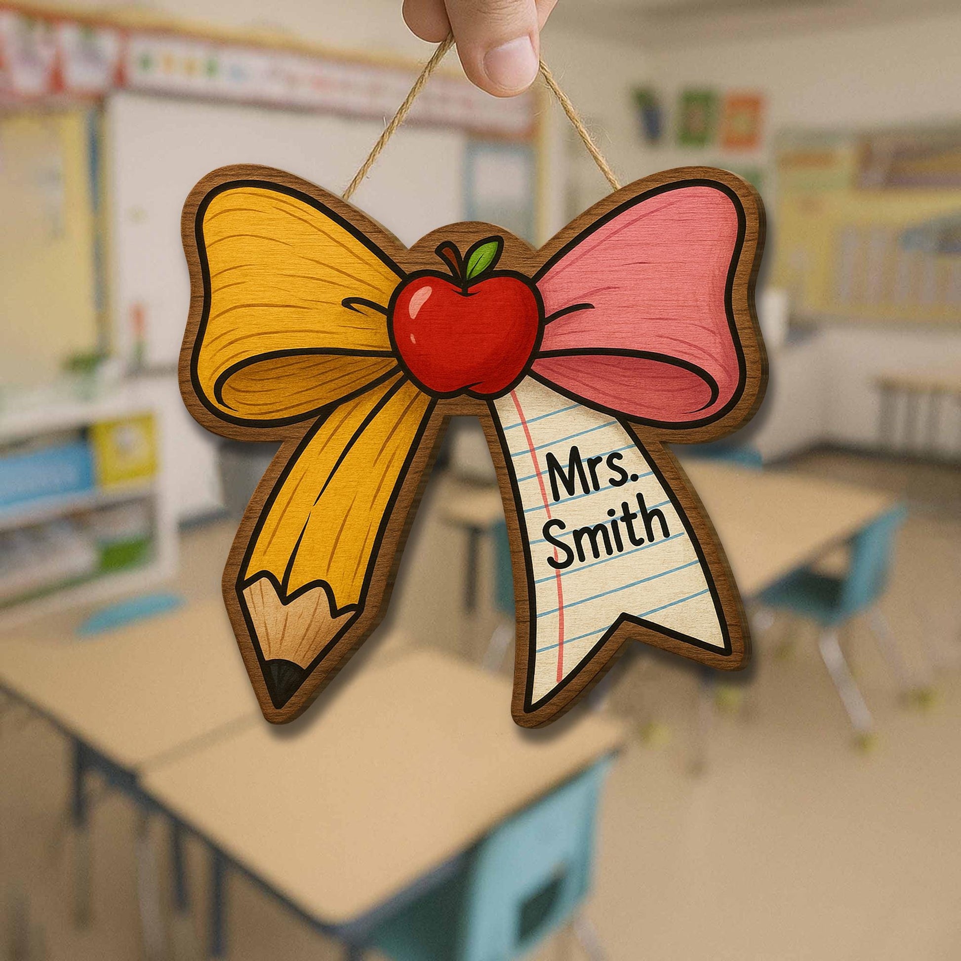 Personalized Teacher Door Sign, Pencil Bow Classroom Decor, Custom Name Apple Plaque, Back to School Gift, Wooden Teacher Sign