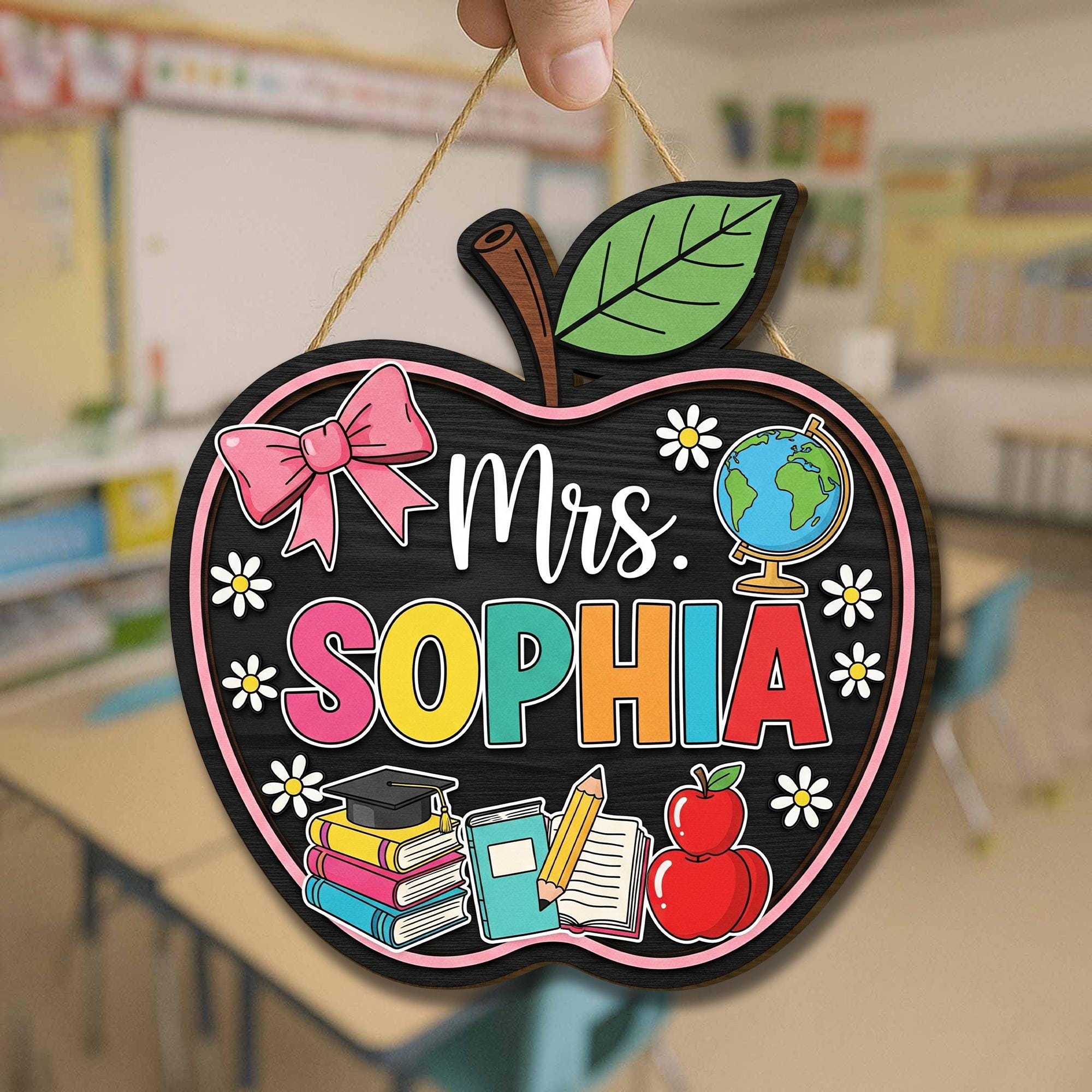 Personalized Apple Teacher Door Sign, Custom Classroom Name Sign with Books and Globe, Back to School Teacher Gift Decor, Apple Room Sign