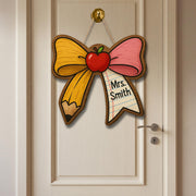 Personalized Teacher Door Sign, Pencil Bow Classroom Decor, Custom Name Apple Plaque, Back to School Gift, Wooden Teacher Sign