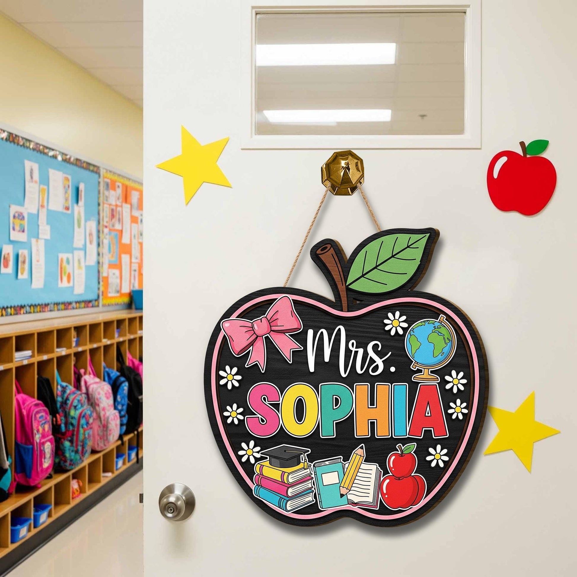 Personalized Apple Teacher Door Sign, Custom Classroom Name Sign with Books and Globe, Back to School Teacher Gift Decor, Apple Room Sign