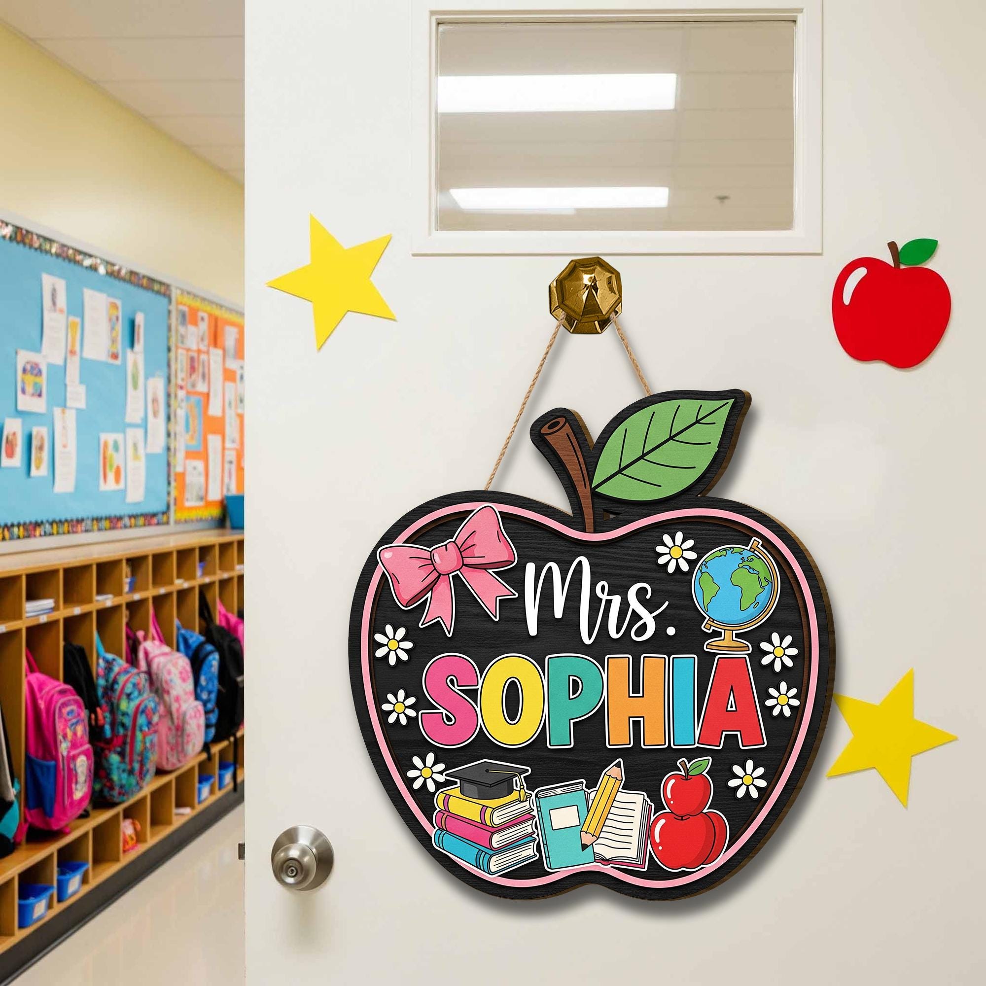 Personalized Apple Teacher Door Sign, Custom Classroom Name Sign with Books and Globe, Back to School Teacher Gift Decor, Apple Room Sign