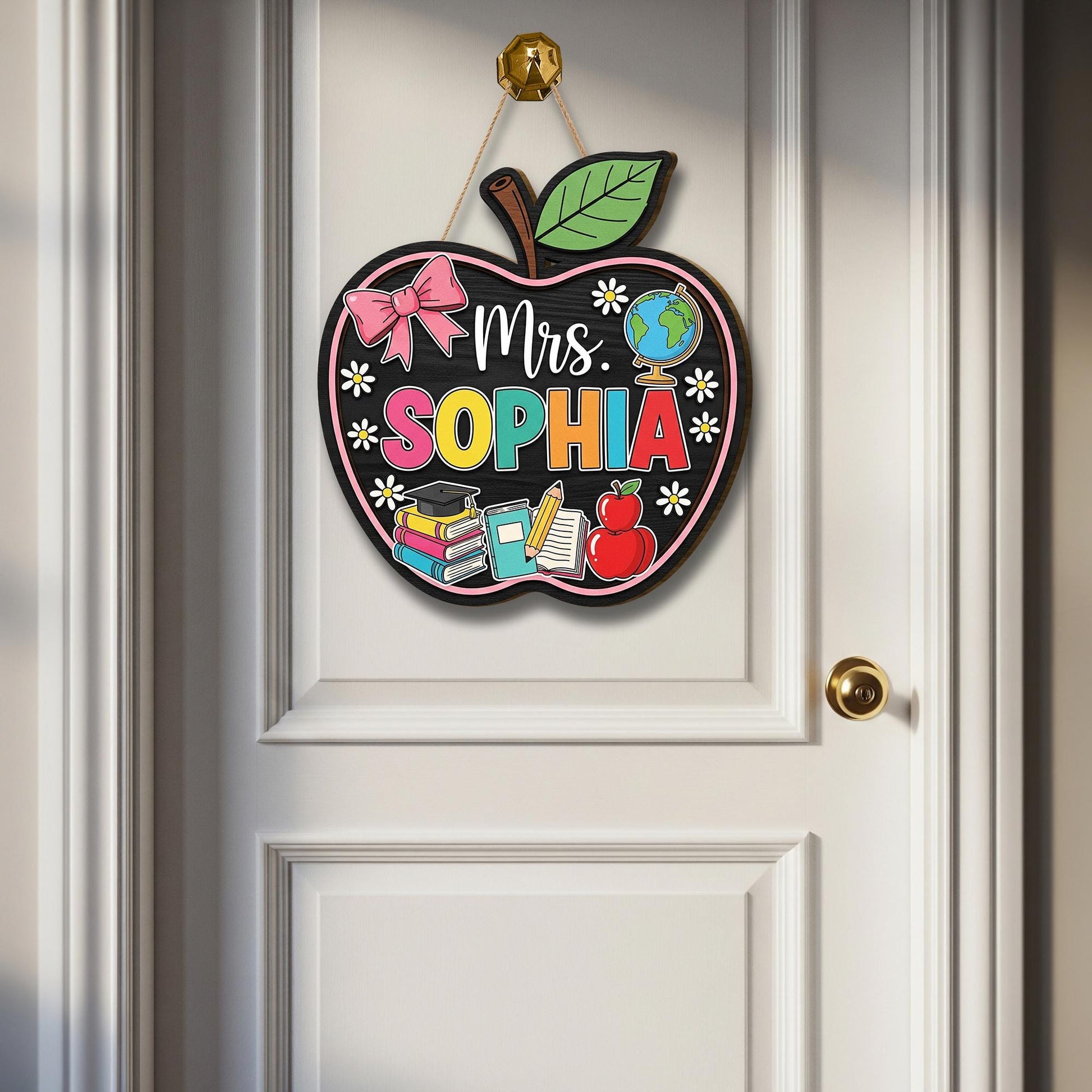Personalized Apple Teacher Door Sign, Custom Classroom Name Sign with Books and Globe, Back to School Teacher Gift Decor, Apple Room Sign