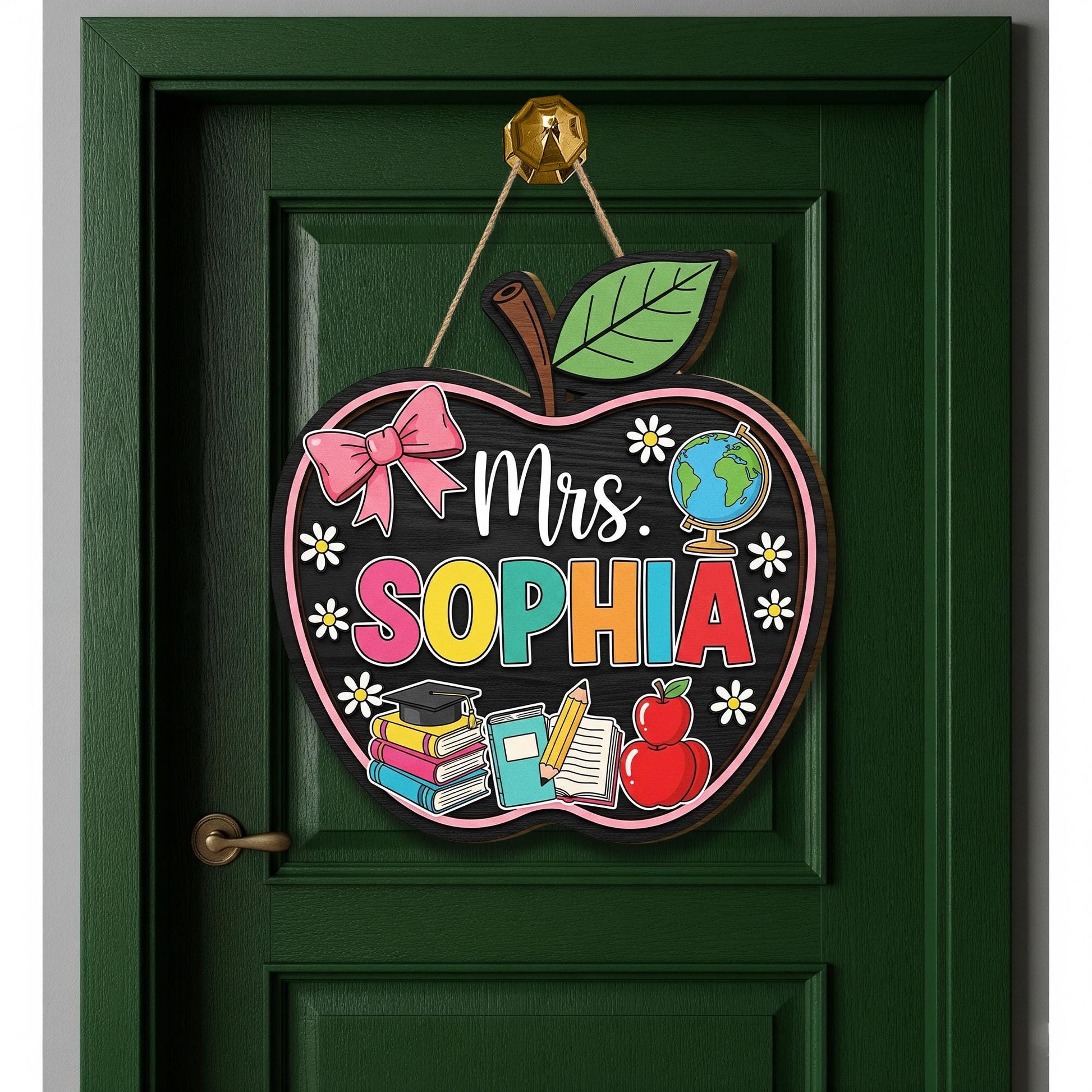 Personalized Apple Teacher Door Sign, Custom Classroom Name Sign with Books and Globe, Back to School Teacher Gift Decor, Apple Room Sign