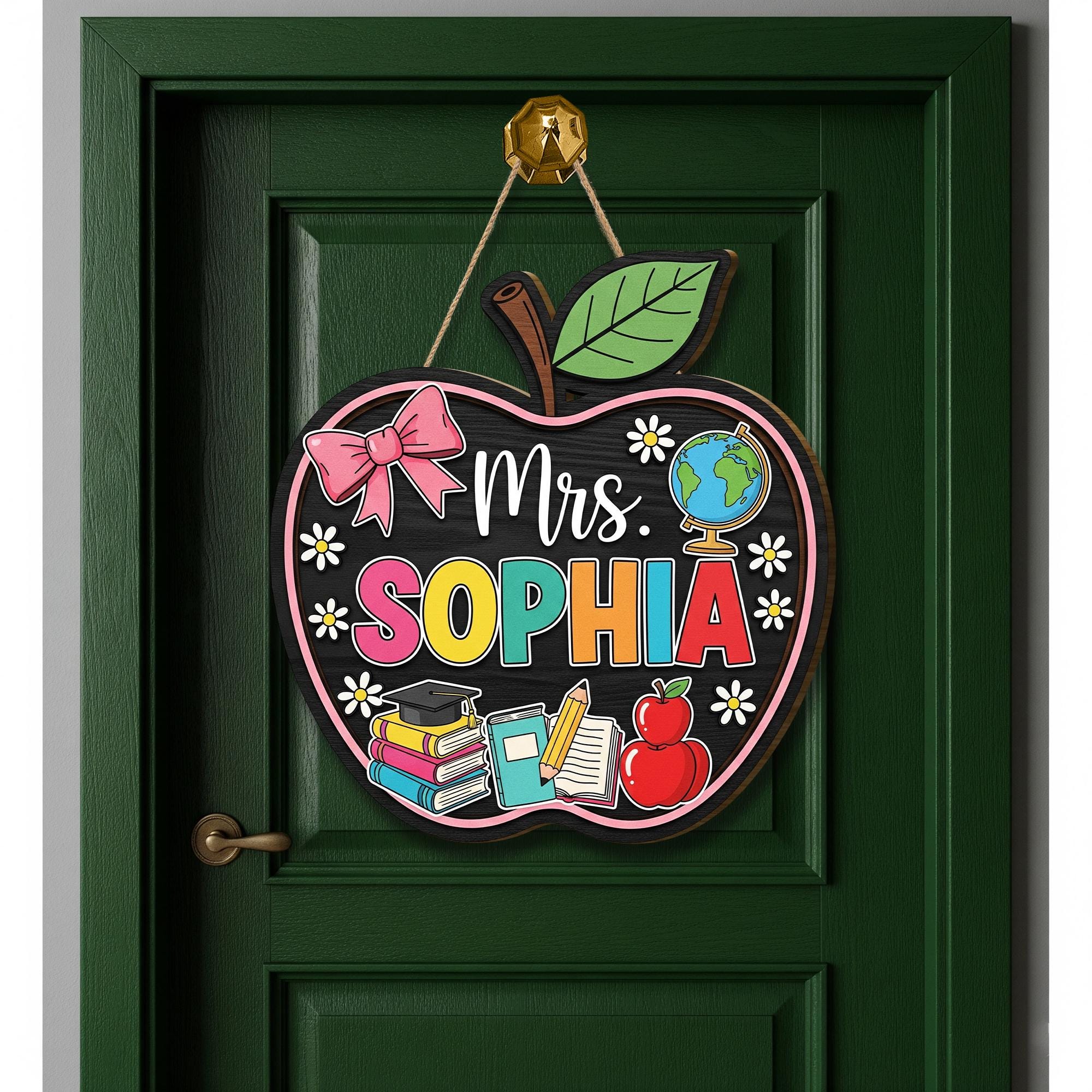 Personalized Apple Teacher Door Sign, Custom Classroom Name Sign with Books and Globe, Back to School Teacher Gift Decor, Apple Room Sign