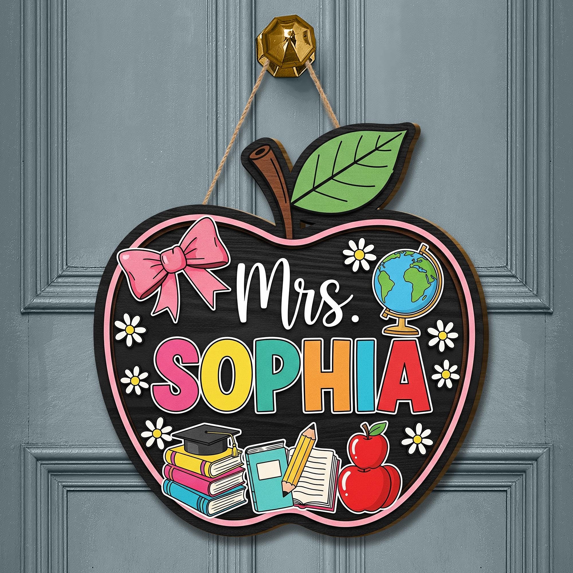 Personalized Apple Teacher Door Sign, Custom Classroom Name Sign with Books and Globe, Back to School Teacher Gift Decor, Apple Room Sign