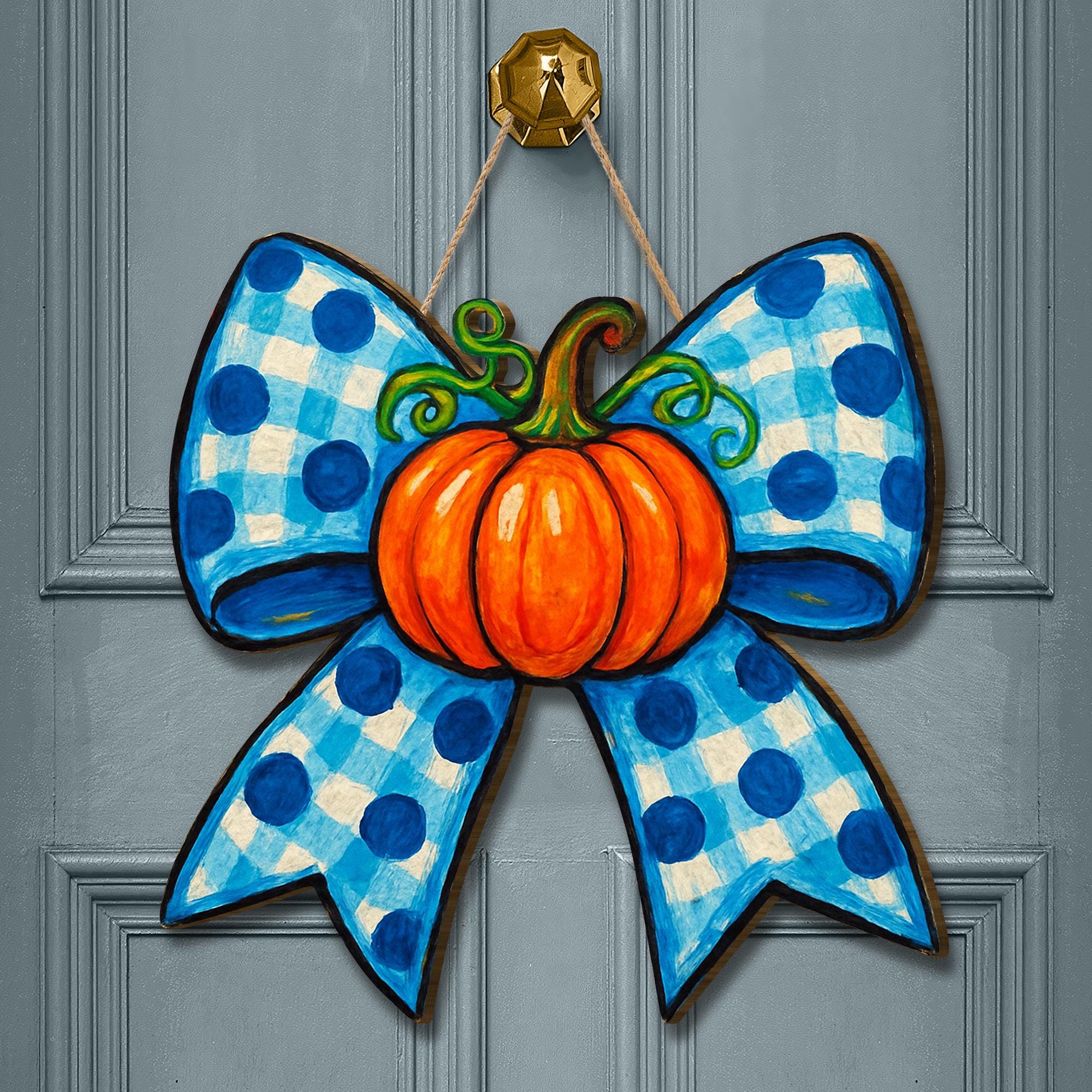 Pumpkin Bow Door Hanger, Fall Blue Gingham Wooden Sign, Autumn Porch Decor, Farmhouse Thanksgiving Wall Hanging, Rustic Fall Accent