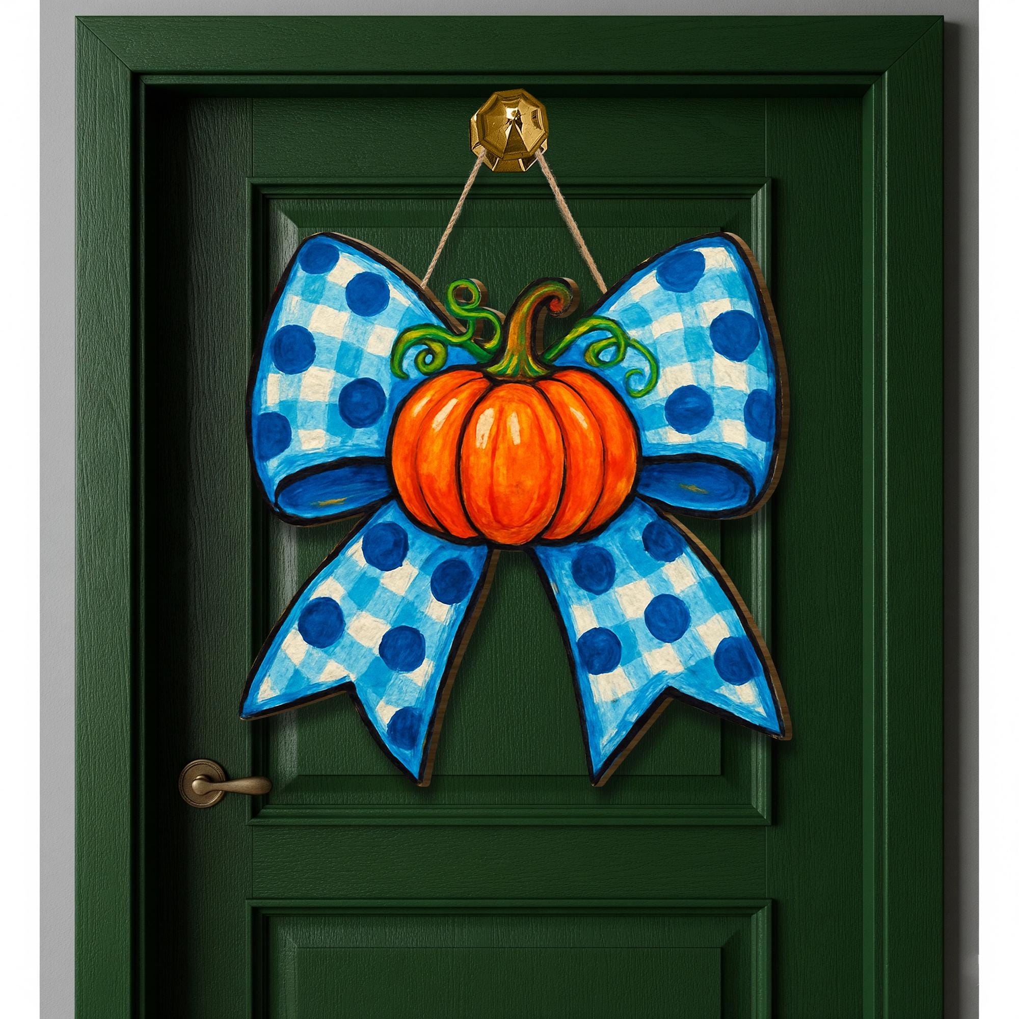 Pumpkin Bow Door Hanger, Fall Blue Gingham Wooden Sign, Autumn Porch Decor, Farmhouse Thanksgiving Wall Hanging, Rustic Fall Accent