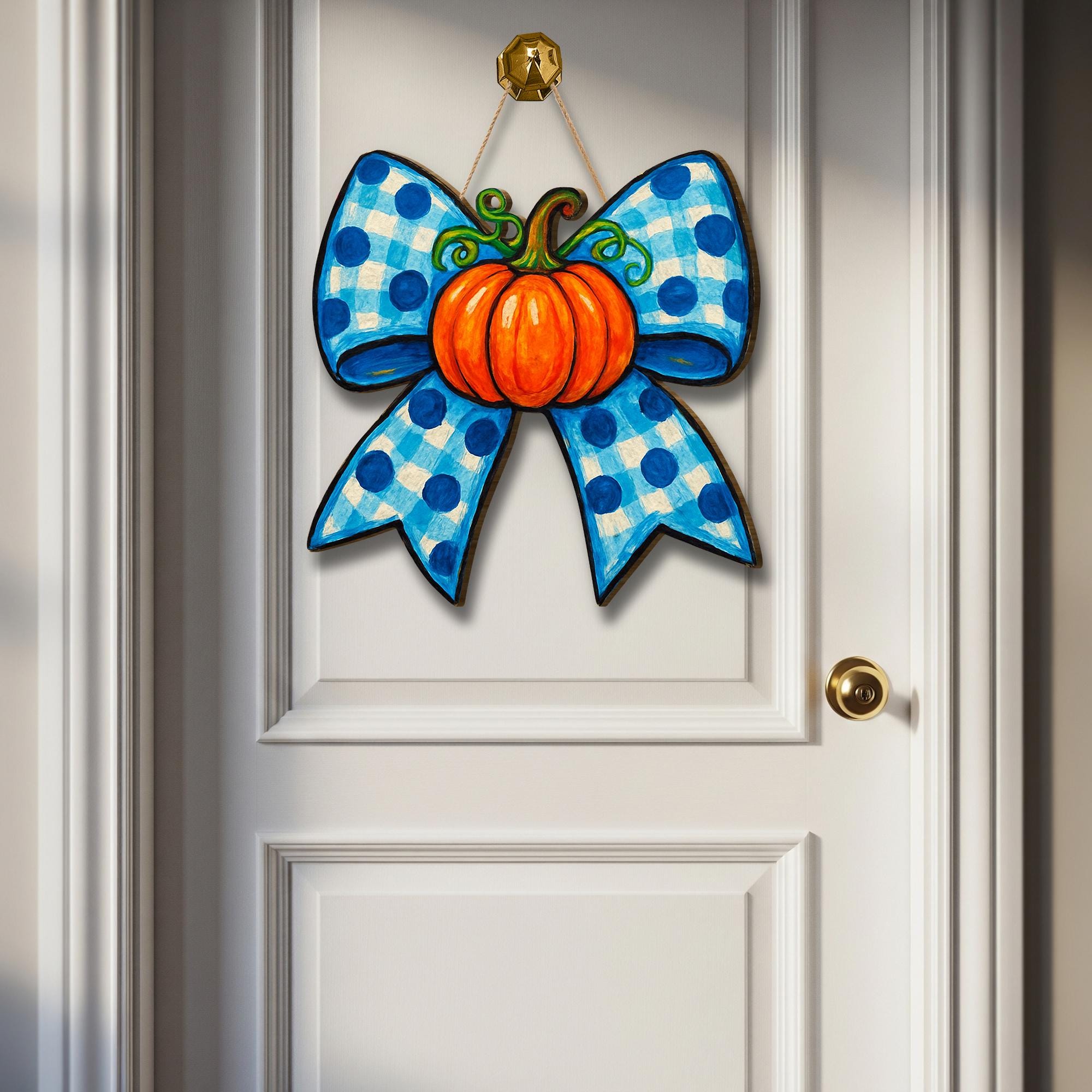 Pumpkin Bow Door Hanger, Fall Blue Gingham Wooden Sign, Autumn Porch Decor, Farmhouse Thanksgiving Wall Hanging, Rustic Fall Accent
