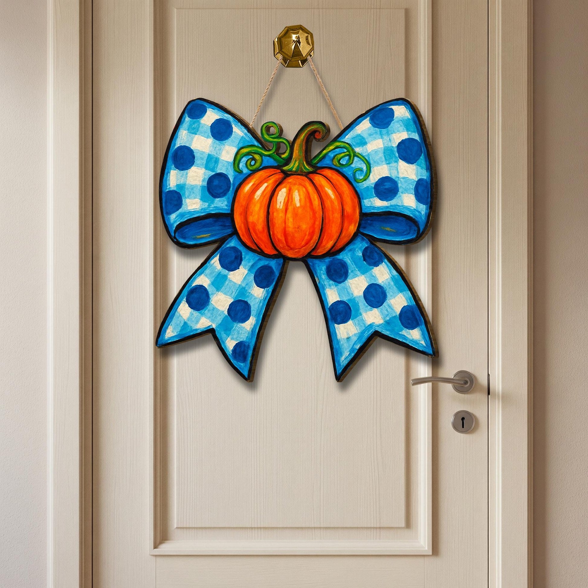 Pumpkin Bow Door Hanger, Fall Blue Gingham Wooden Sign, Autumn Porch Decor, Farmhouse Thanksgiving Wall Hanging, Rustic Fall Accent