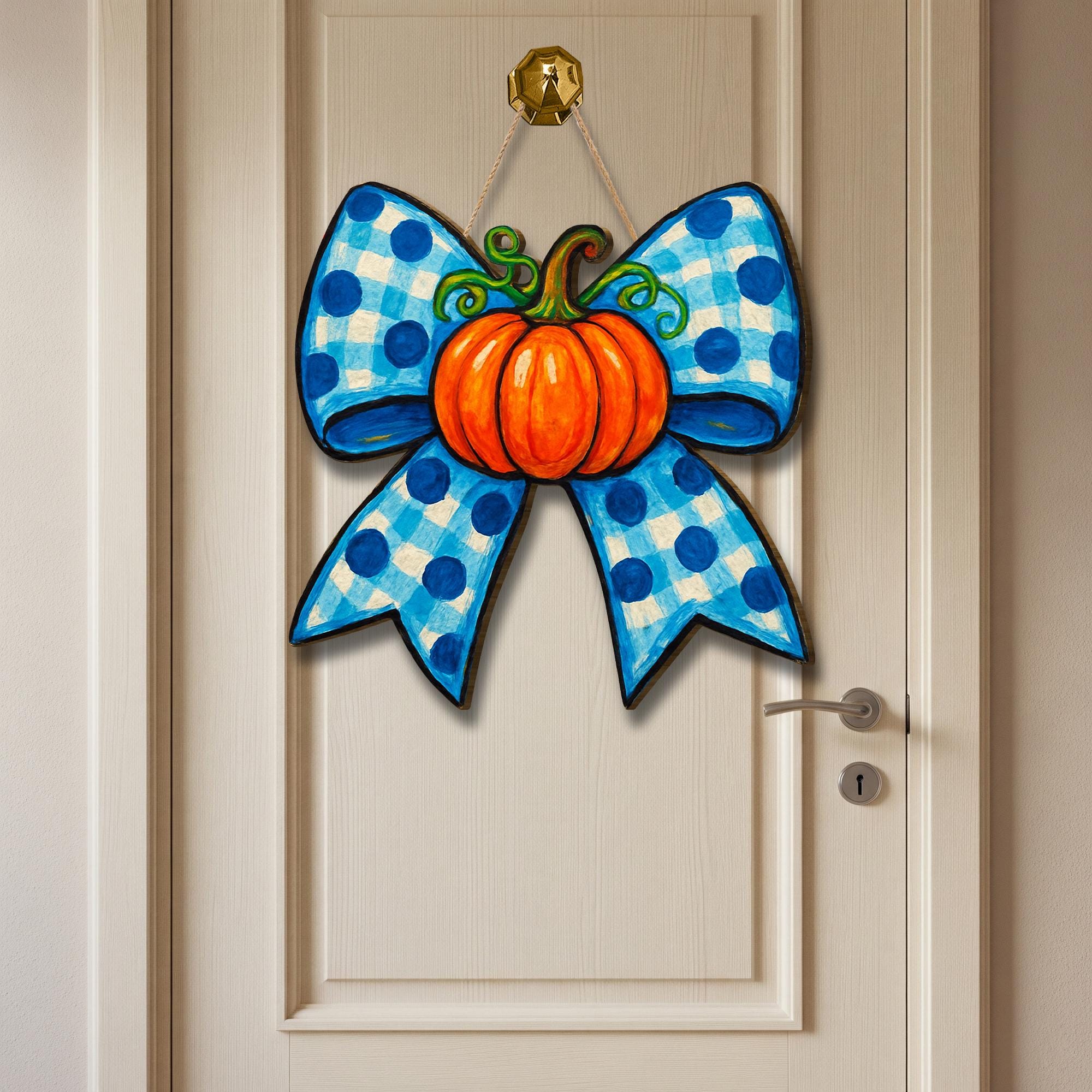 Pumpkin Bow Door Hanger, Fall Blue Gingham Wooden Sign, Autumn Porch Decor, Farmhouse Thanksgiving Wall Hanging, Rustic Fall Accent