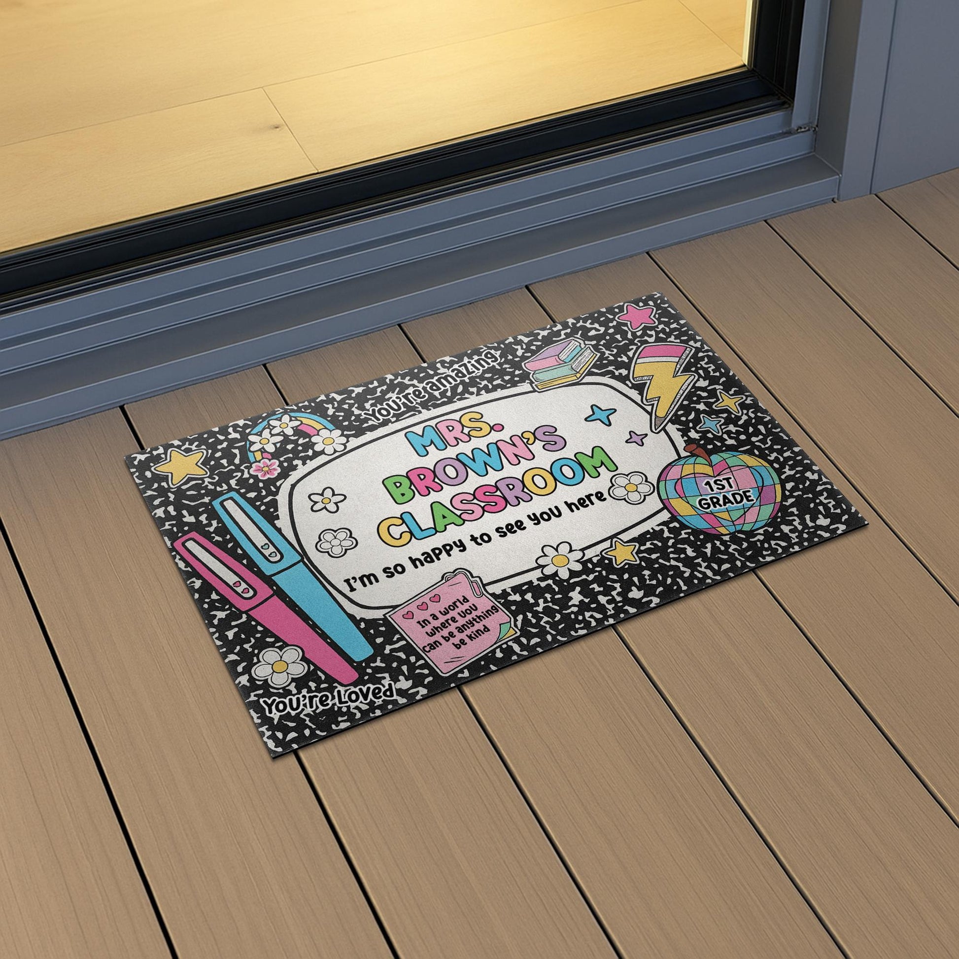 Personalized Teacher Classroom Doormat, Cute Back to School Welcome Mat for 1st Grade, Custom Name Rug, Rainbow Composition Design Rug