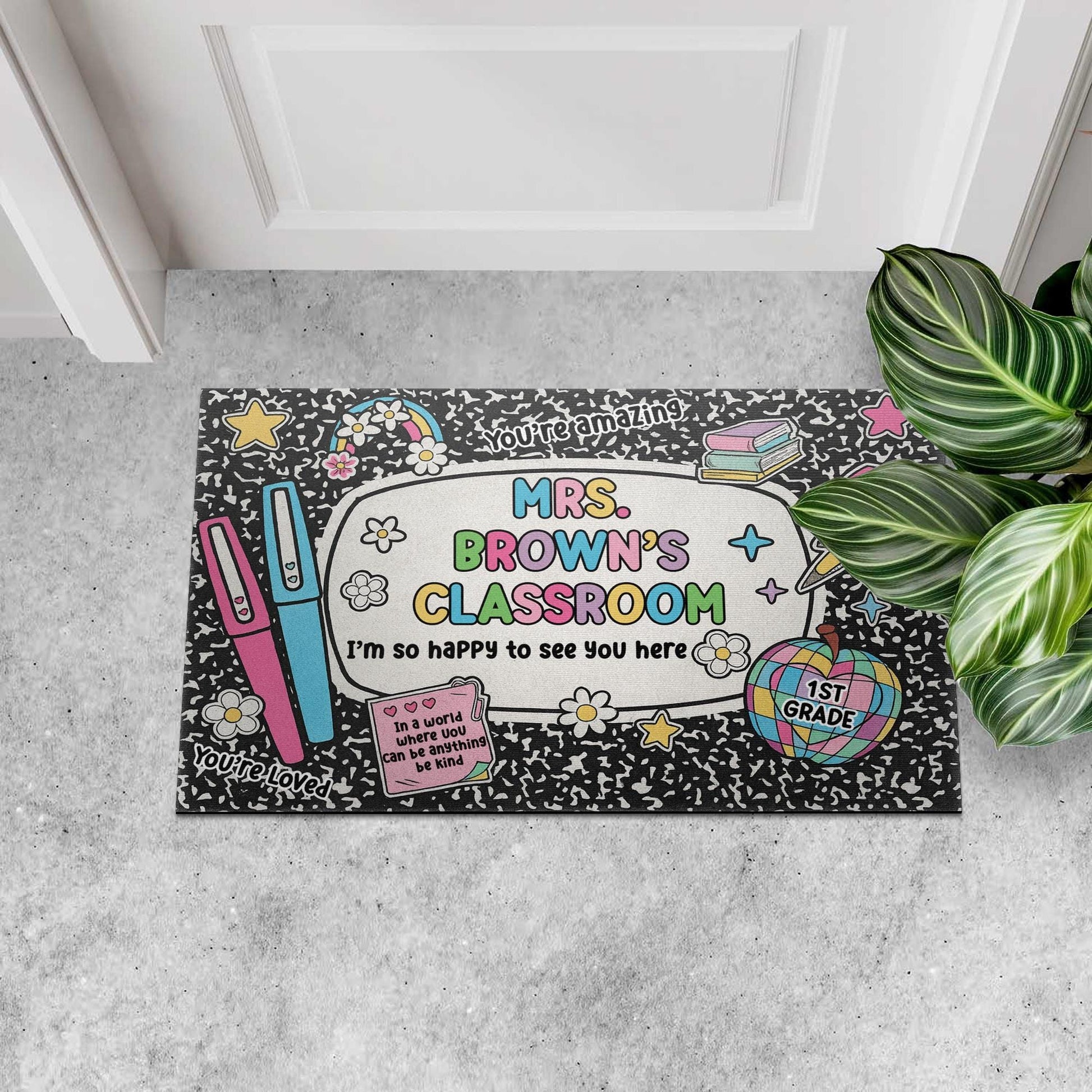 Personalized Teacher Classroom Doormat, Cute Back to School Welcome Mat for 1st Grade, Custom Name Rug, Rainbow Composition Design Rug