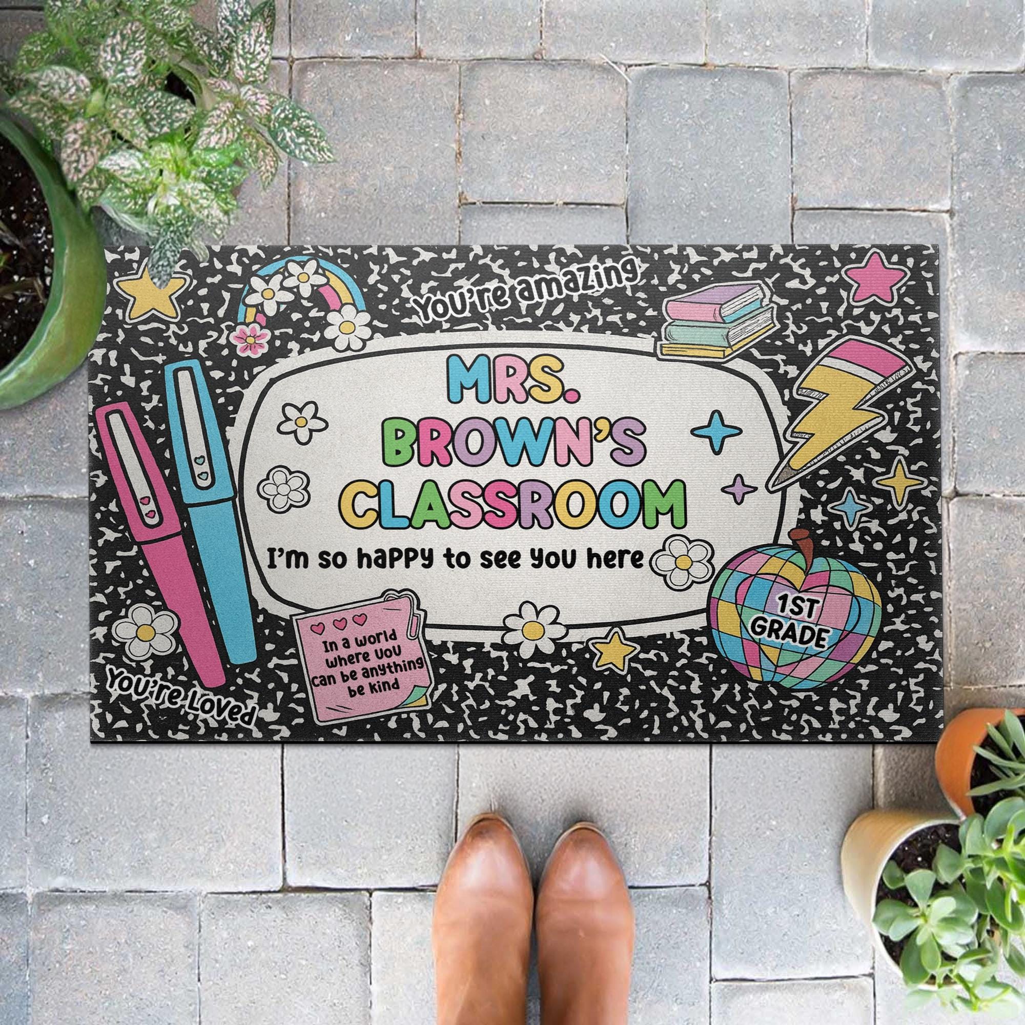 Personalized Teacher Classroom Doormat, Cute Back to School Welcome Mat for 1st Grade, Custom Name Rug, Rainbow Composition Design Rug