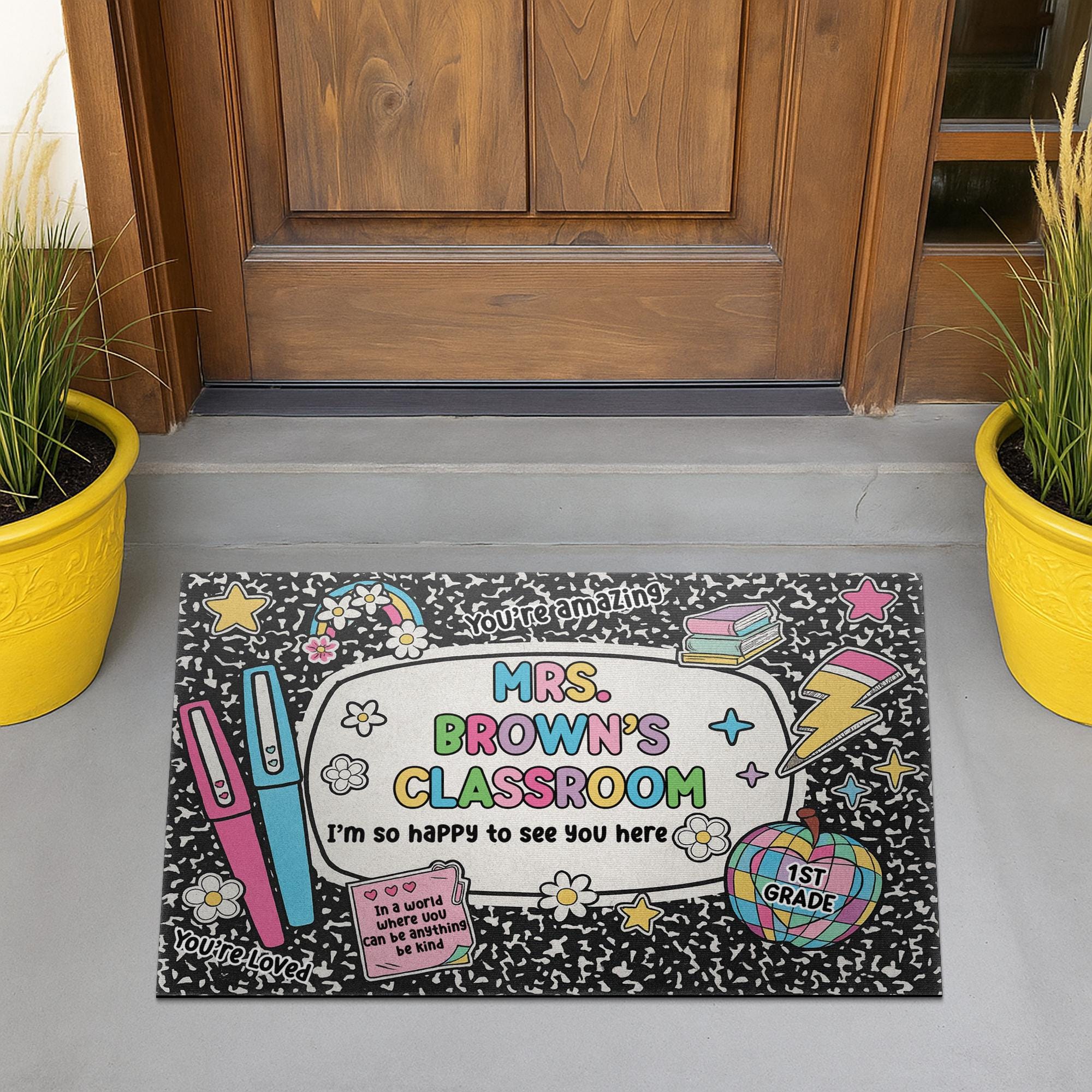 Personalized Teacher Classroom Doormat, Cute Back to School Welcome Mat for 1st Grade, Custom Name Rug, Rainbow Composition Design Rug