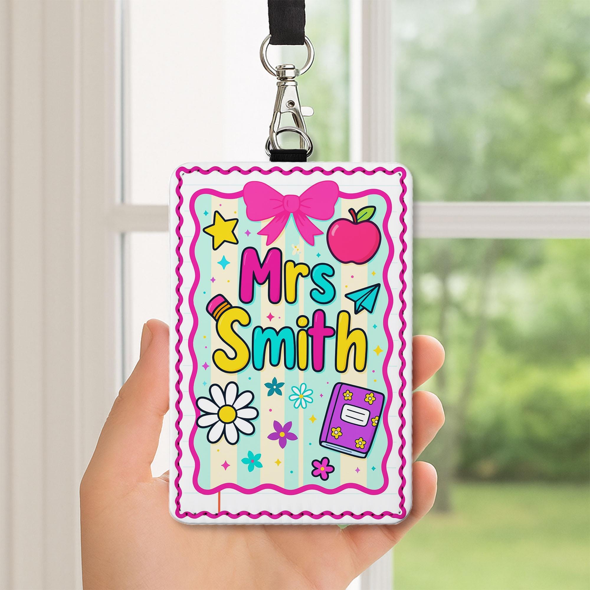 Personalized Teacher Name Badge Holder, Cute Classroom Lanyard ID Tag with Apple and Bow, Back to School Teacher Gift, School Supplies