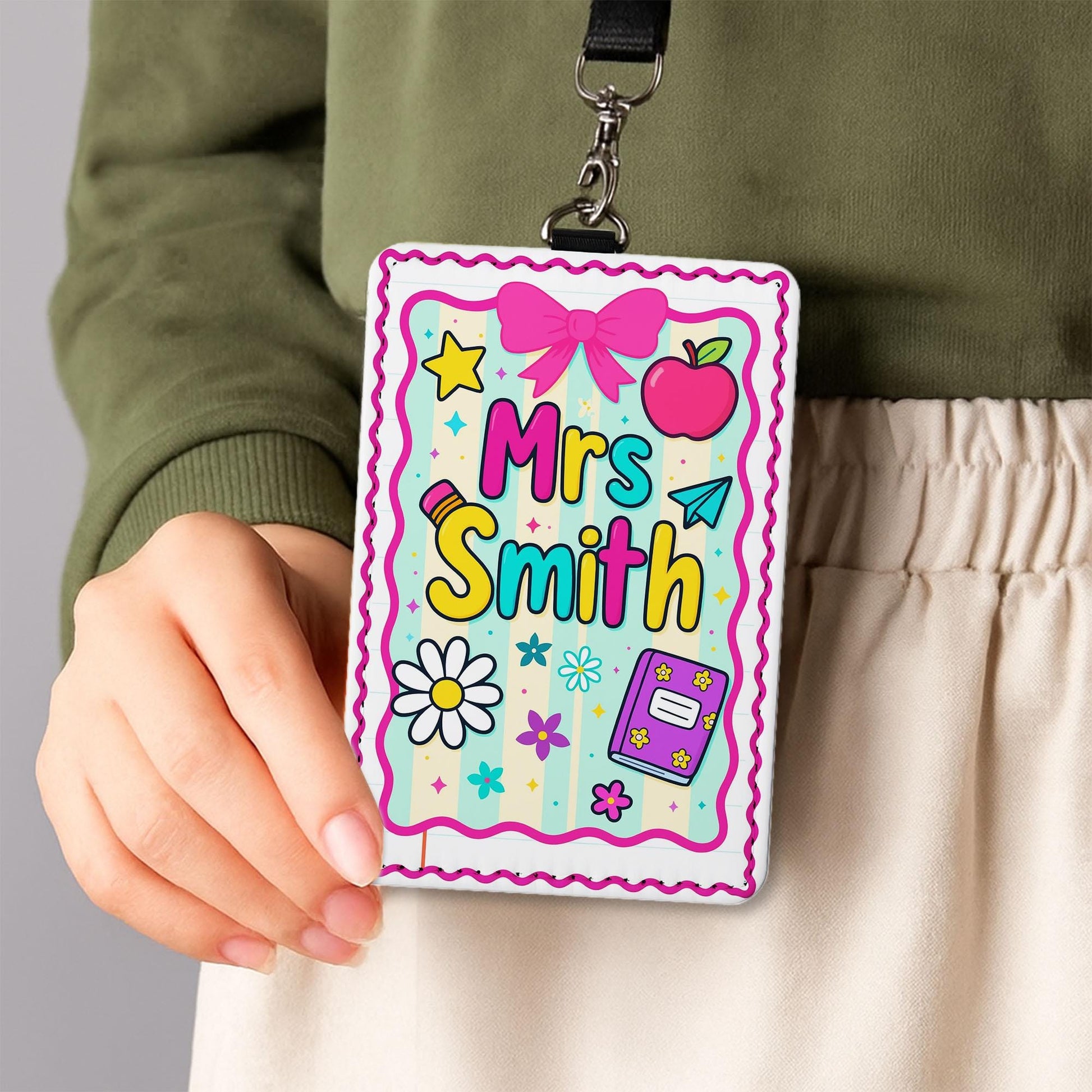 Personalized Teacher Name Badge Holder, Cute Classroom Lanyard ID Tag with Apple and Bow, Back to School Teacher Gift, School Supplies