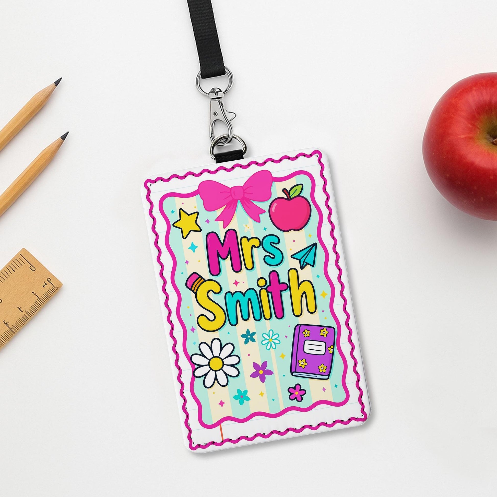 Personalized Teacher Name Badge Holder, Cute Classroom Lanyard ID Tag with Apple and Bow, Back to School Teacher Gift, School Supplies
