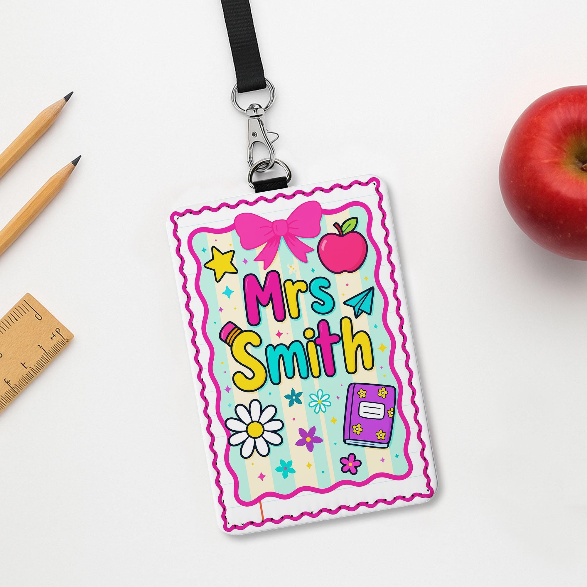 Personalized Teacher Name Badge Holder, Cute Classroom Lanyard ID Tag with Apple and Bow, Back to School Teacher Gift, School Supplies