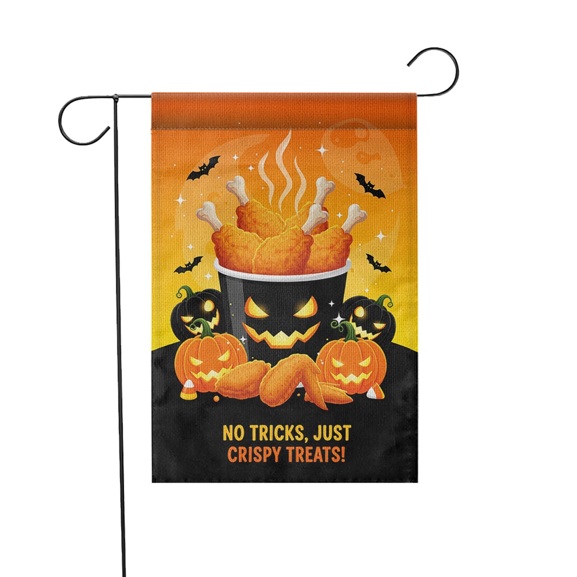 Funny Halloween Chicken Garden Flag, Crispy Treats Pumpkin Yard Banner, Fall Outdoor Food Humor Decor, No Tricks Just Treats Sign
