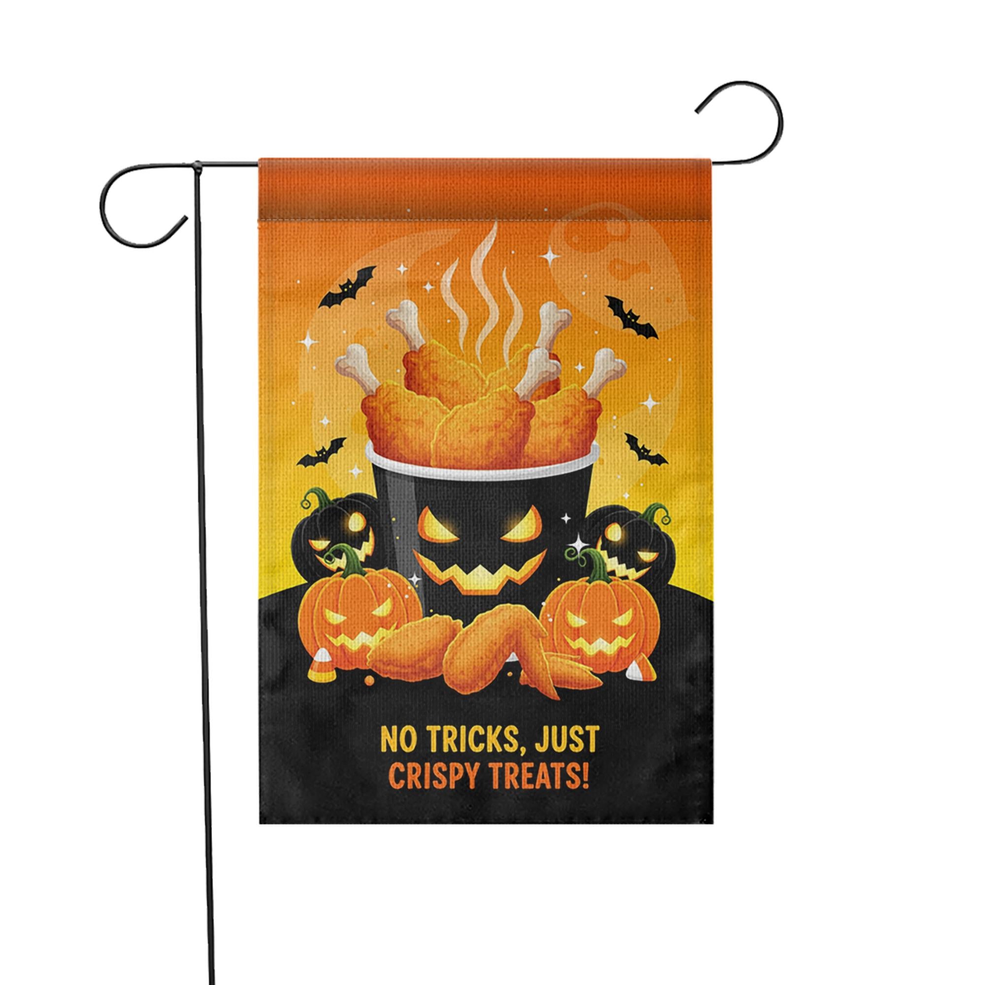 Funny Halloween Chicken Garden Flag, Crispy Treats Pumpkin Yard Banner, Fall Outdoor Food Humor Decor, No Tricks Just Treats Sign