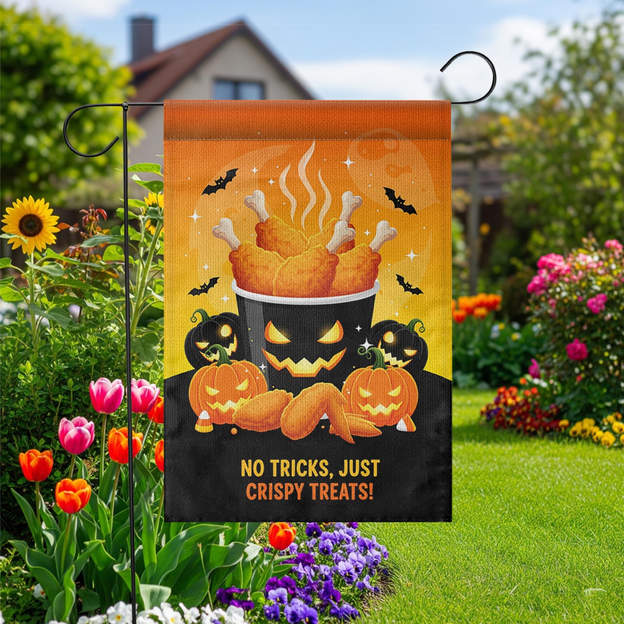 Funny Halloween Chicken Garden Flag, Crispy Treats Pumpkin Yard Banner, Fall Outdoor Food Humor Decor, No Tricks Just Treats Sign
