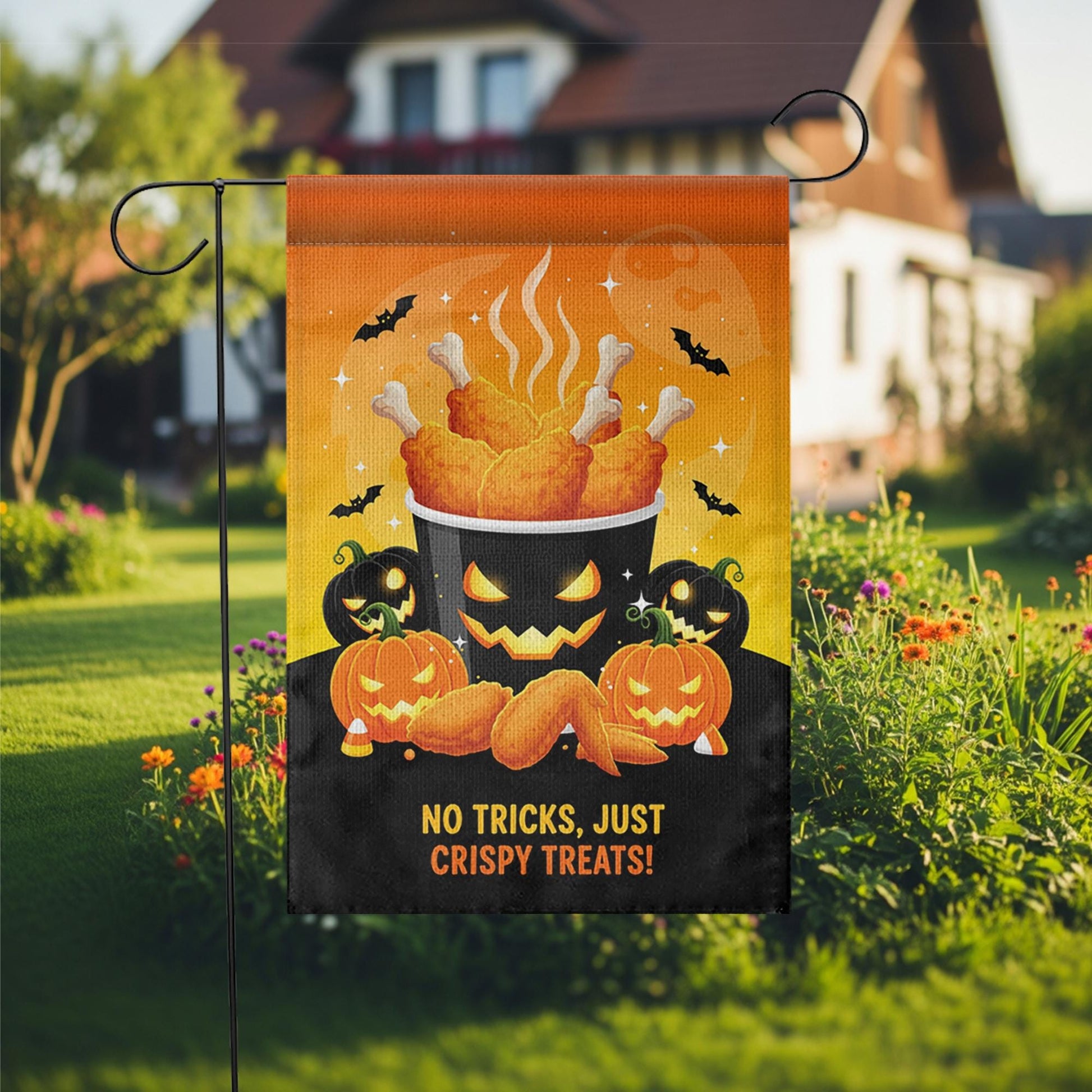 Funny Halloween Chicken Garden Flag, Crispy Treats Pumpkin Yard Banner, Fall Outdoor Food Humor Decor, No Tricks Just Treats Sign
