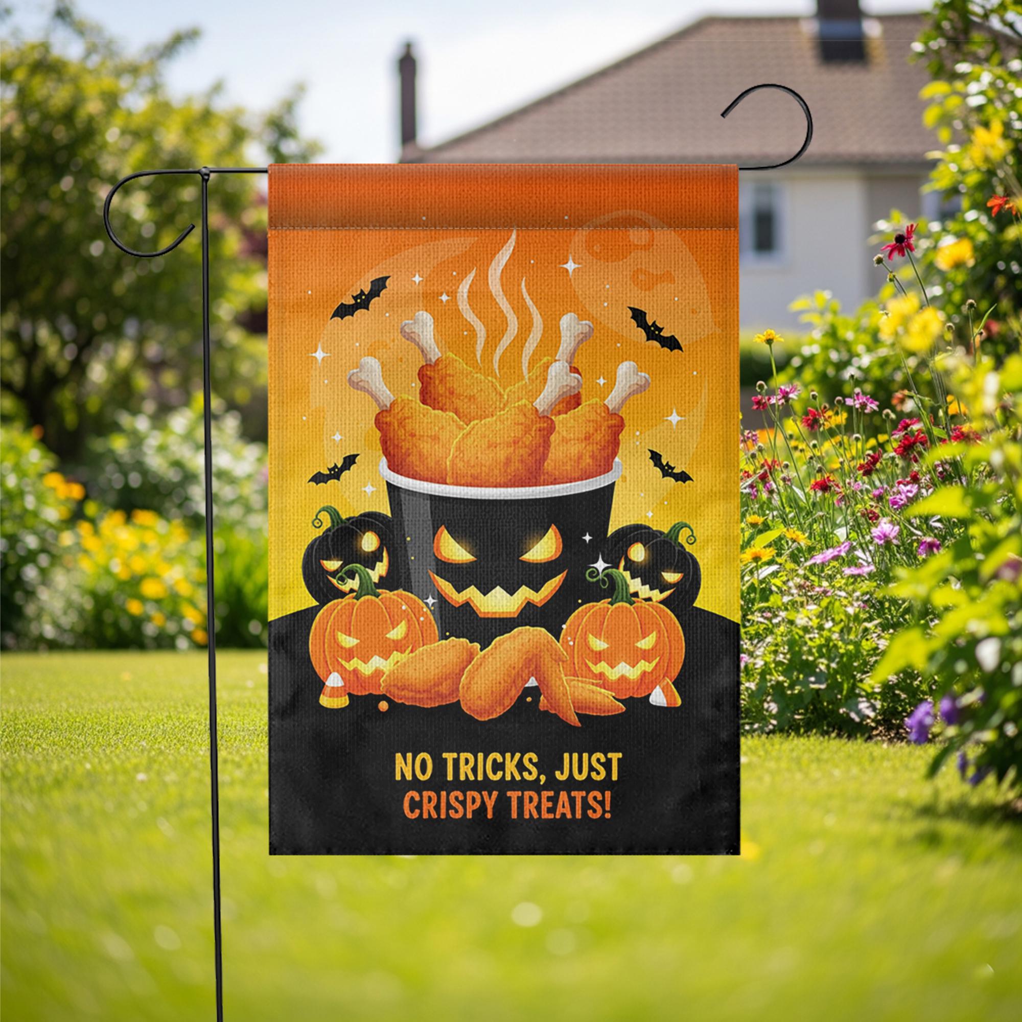 Funny Halloween Chicken Garden Flag, Crispy Treats Pumpkin Yard Banner, Fall Outdoor Food Humor Decor, No Tricks Just Treats Sign