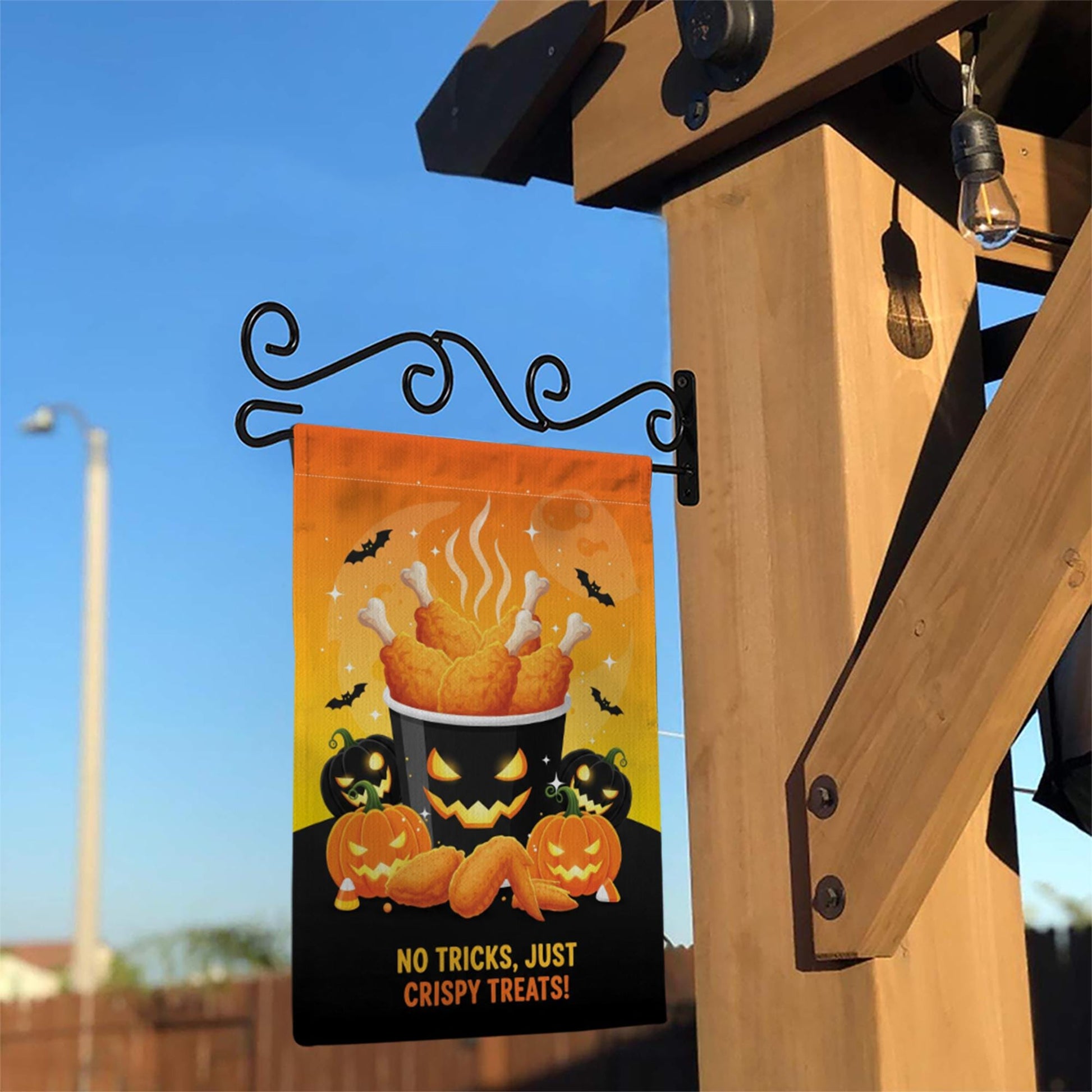 Funny Halloween Chicken Garden Flag, Crispy Treats Pumpkin Yard Banner, Fall Outdoor Food Humor Decor, No Tricks Just Treats Sign