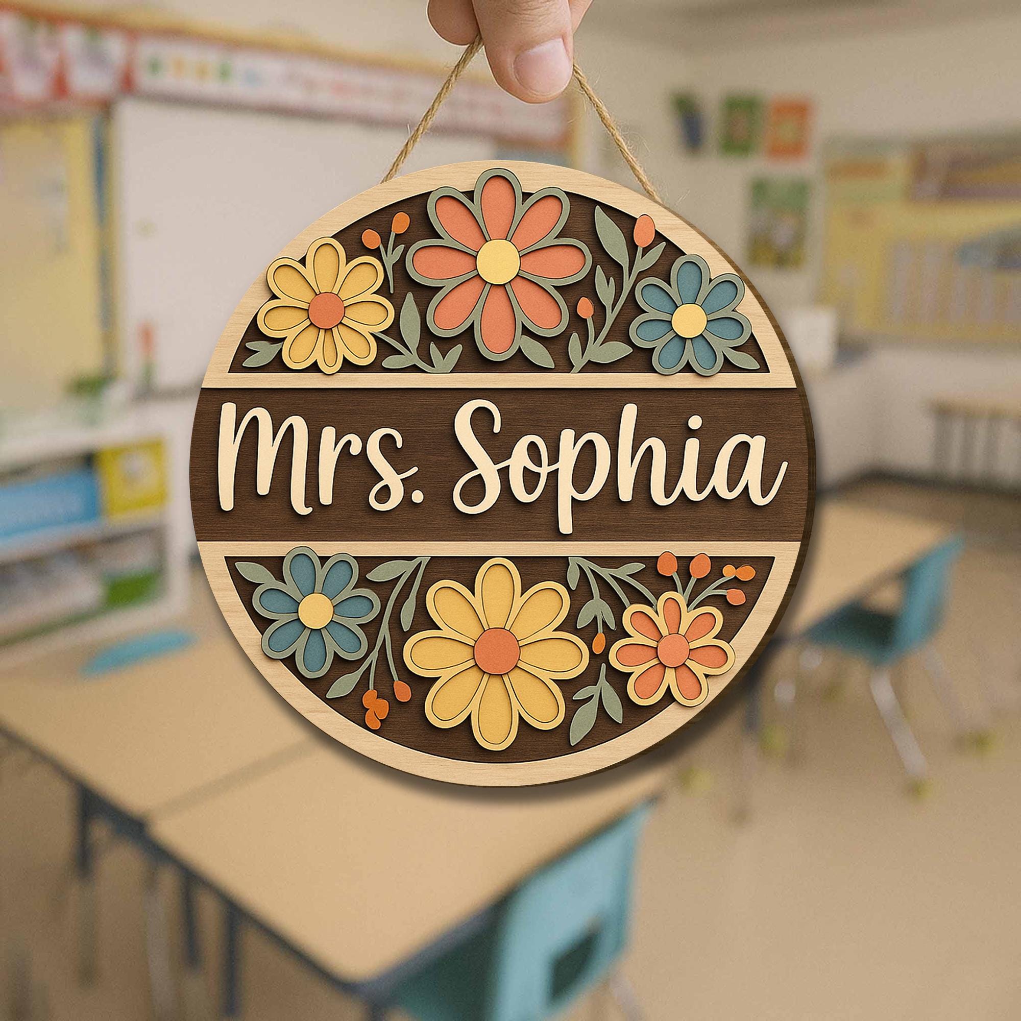 Custom Teacher Door Sign – Personalized Classroom Name Sign – Floral Wood Welcome Sign for Teacher – Back to School Gift for Educators