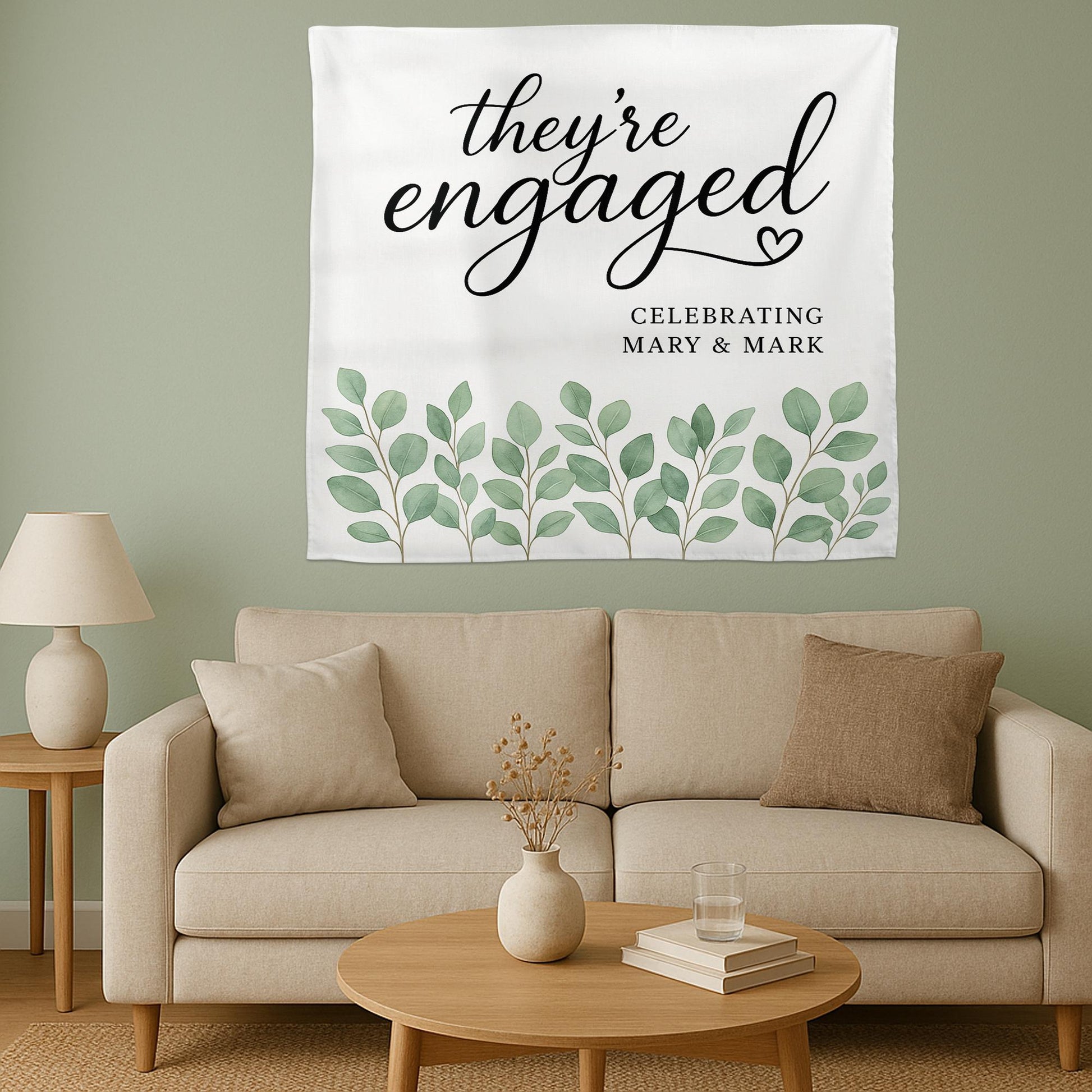 They're Engaged Tapestry, Custom Engagement Party Banner, Leafy Green Wall Decor, Personalized Wedding Shower Sign