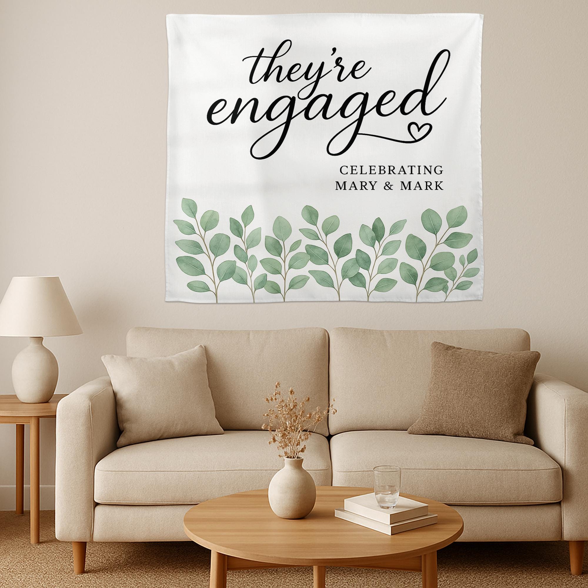They're Engaged Tapestry, Custom Engagement Party Banner, Leafy Green Wall Decor, Personalized Wedding Shower Sign