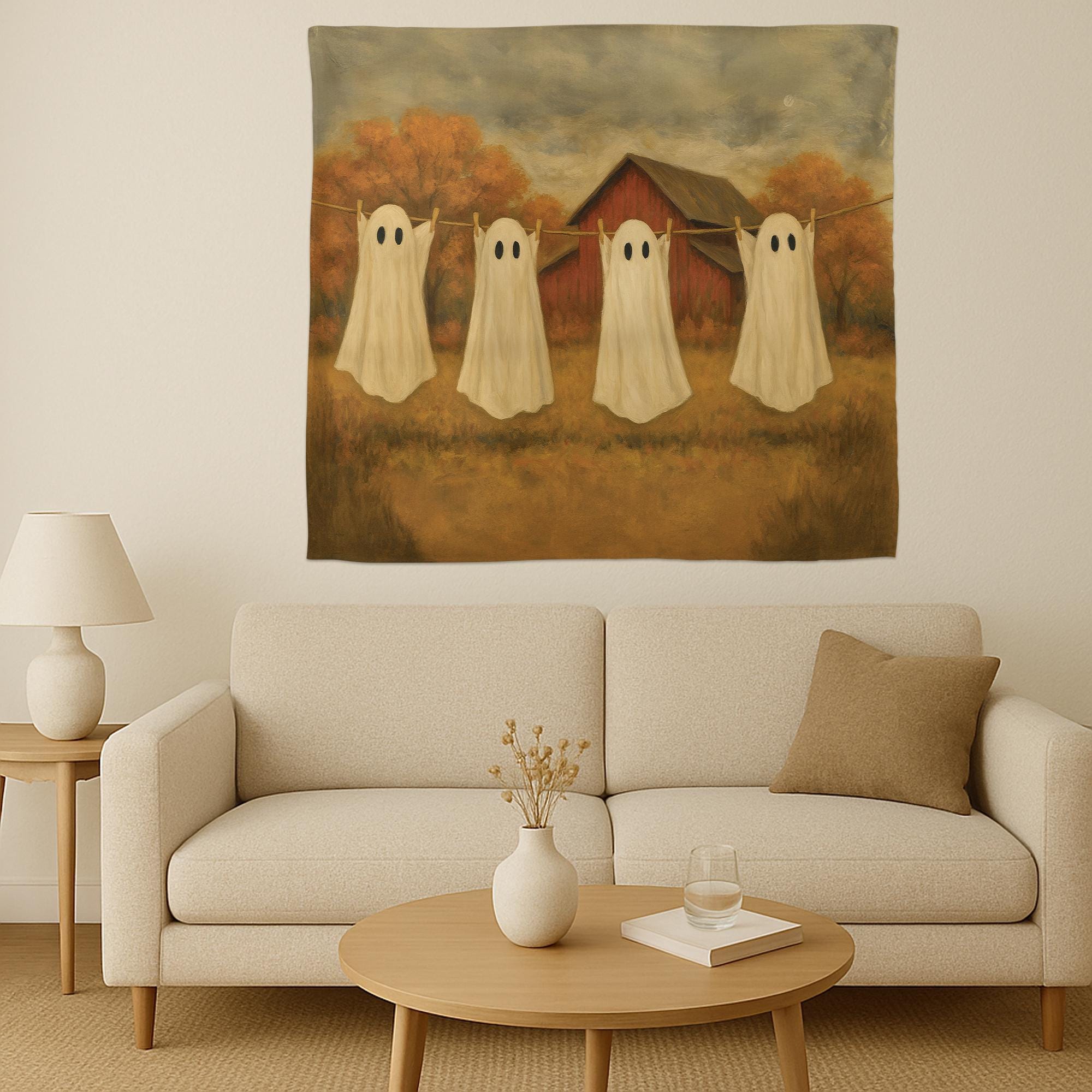 Hanging with My Boos Ghost Tapestry – Vintage Halloween Wall Art – Fall Farmhouse Spooky Decor – Ghost Sheet Line Art Tapestry