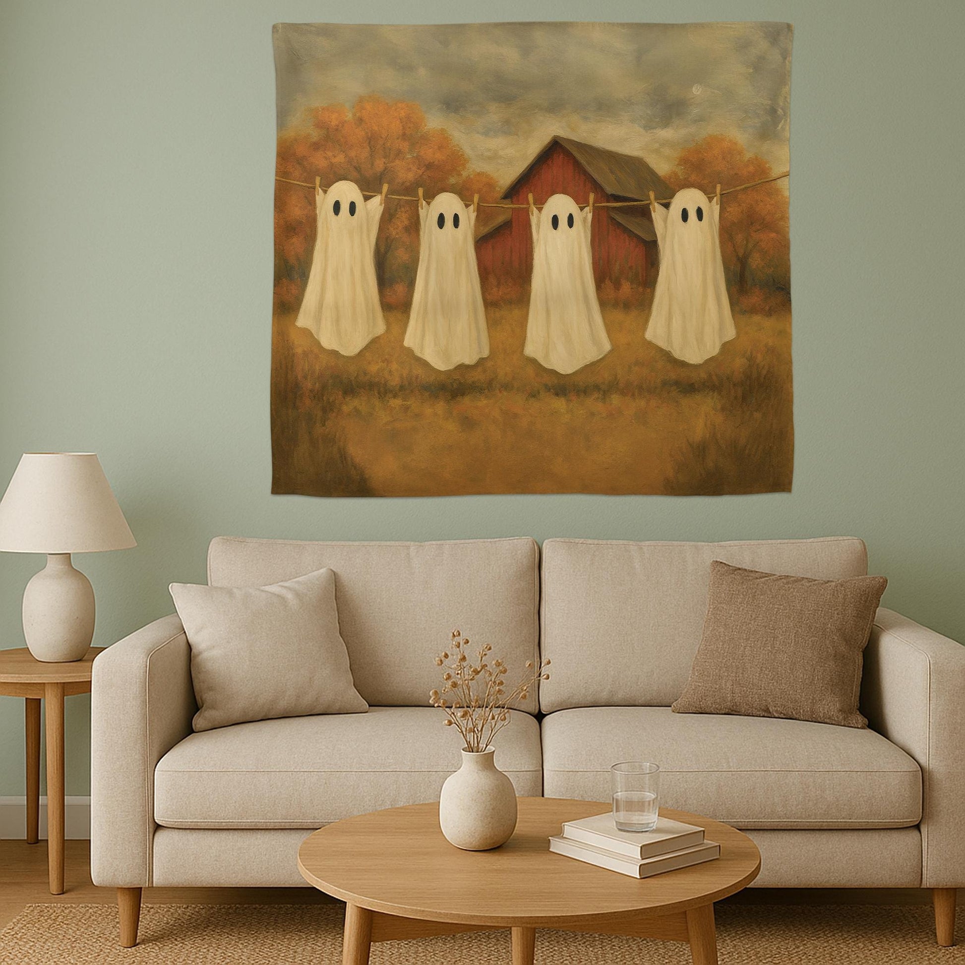 Hanging with My Boos Ghost Tapestry – Vintage Halloween Wall Art – Fall Farmhouse Spooky Decor – Ghost Sheet Line Art Tapestry