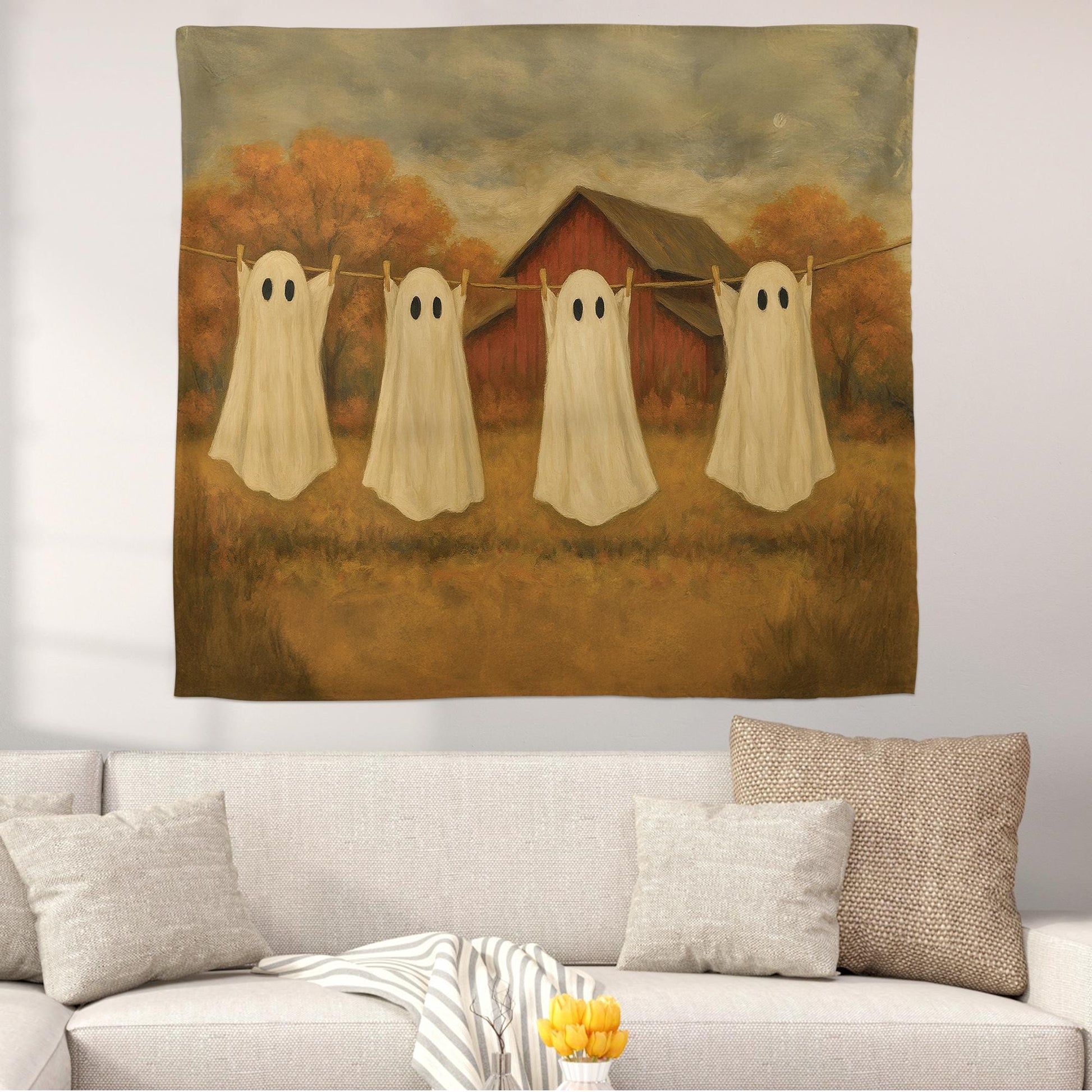 Hanging with My Boos Ghost Tapestry – Vintage Halloween Wall Art – Fall Farmhouse Spooky Decor – Ghost Sheet Line Art Tapestry